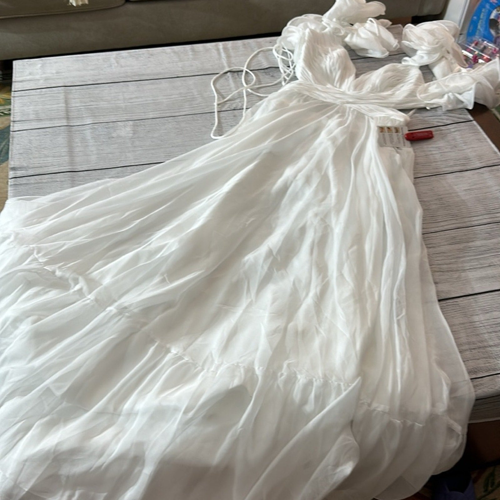 NWT Mac Duggal Indy A-Line Ruffled Back-Lace Chiffon Gown 67911 - size 8