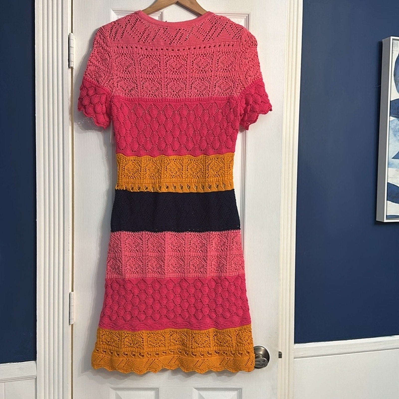 NEW Carolina Herrera Multicolor Crochet Stripe Shift Dress - size M