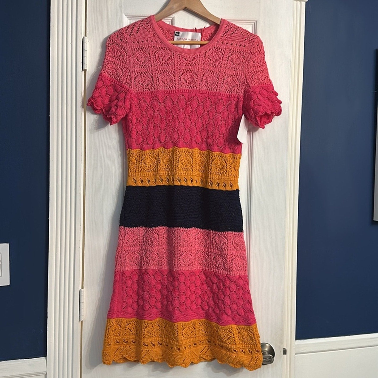 NEW Carolina Herrera Multicolor Crochet Stripe Shift Dress - size M