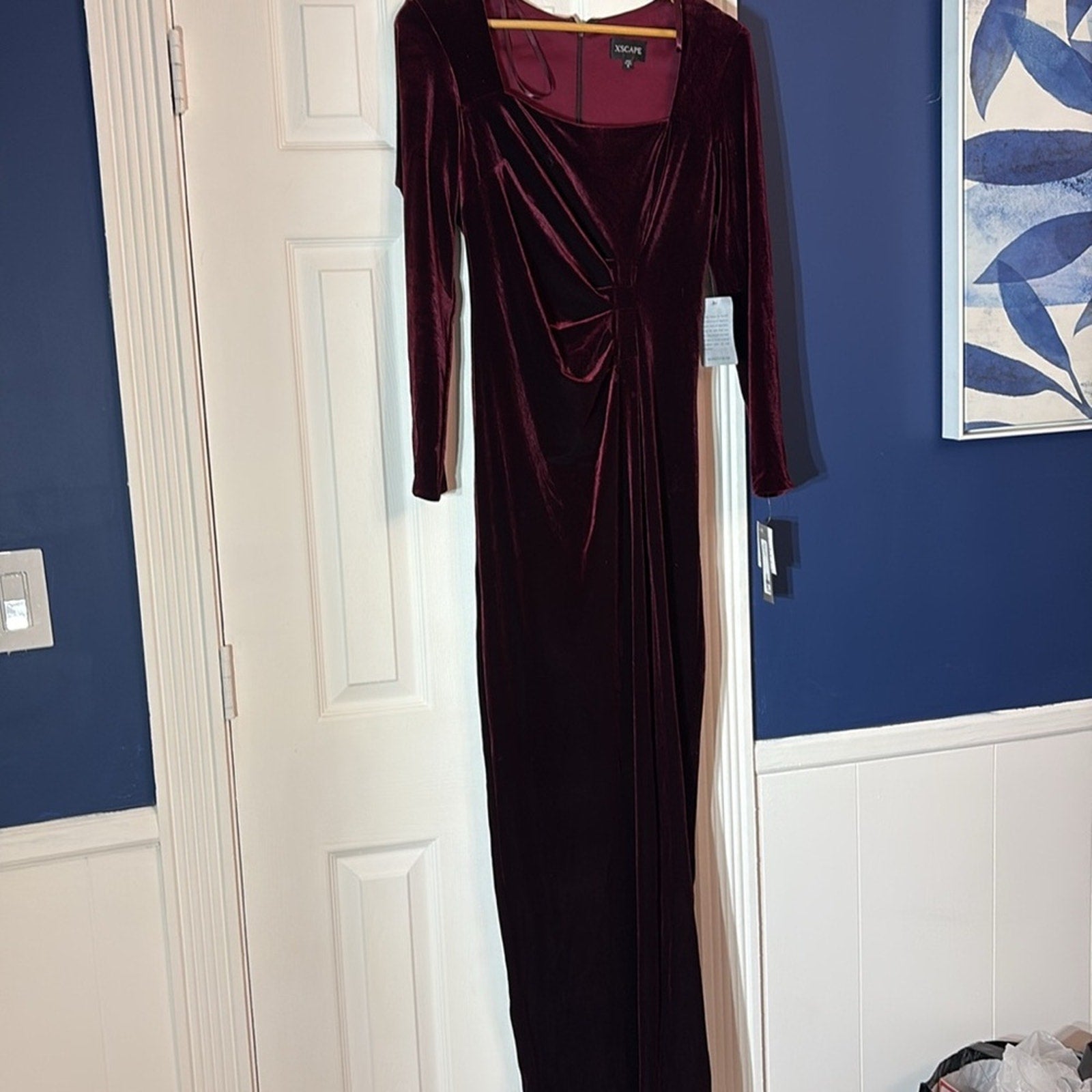 NWT Xscape Women's Red Velvet Long-Sleeve Front-Slit Gown Dress - size 8