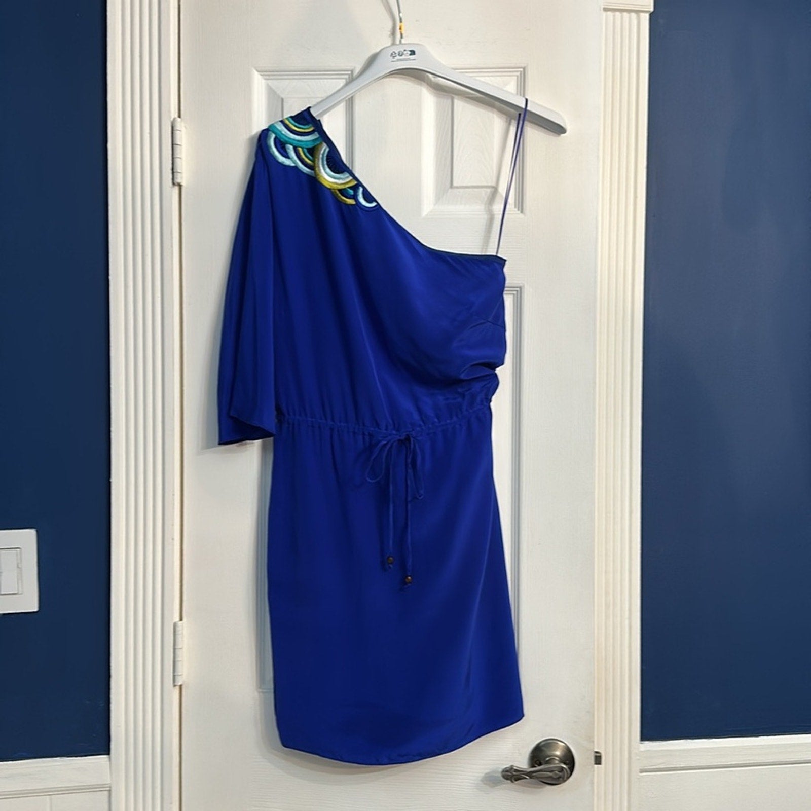 Trina Turk Santa Cruz Silk Sun Dress One Shoulder Embroidered Blue - size 6