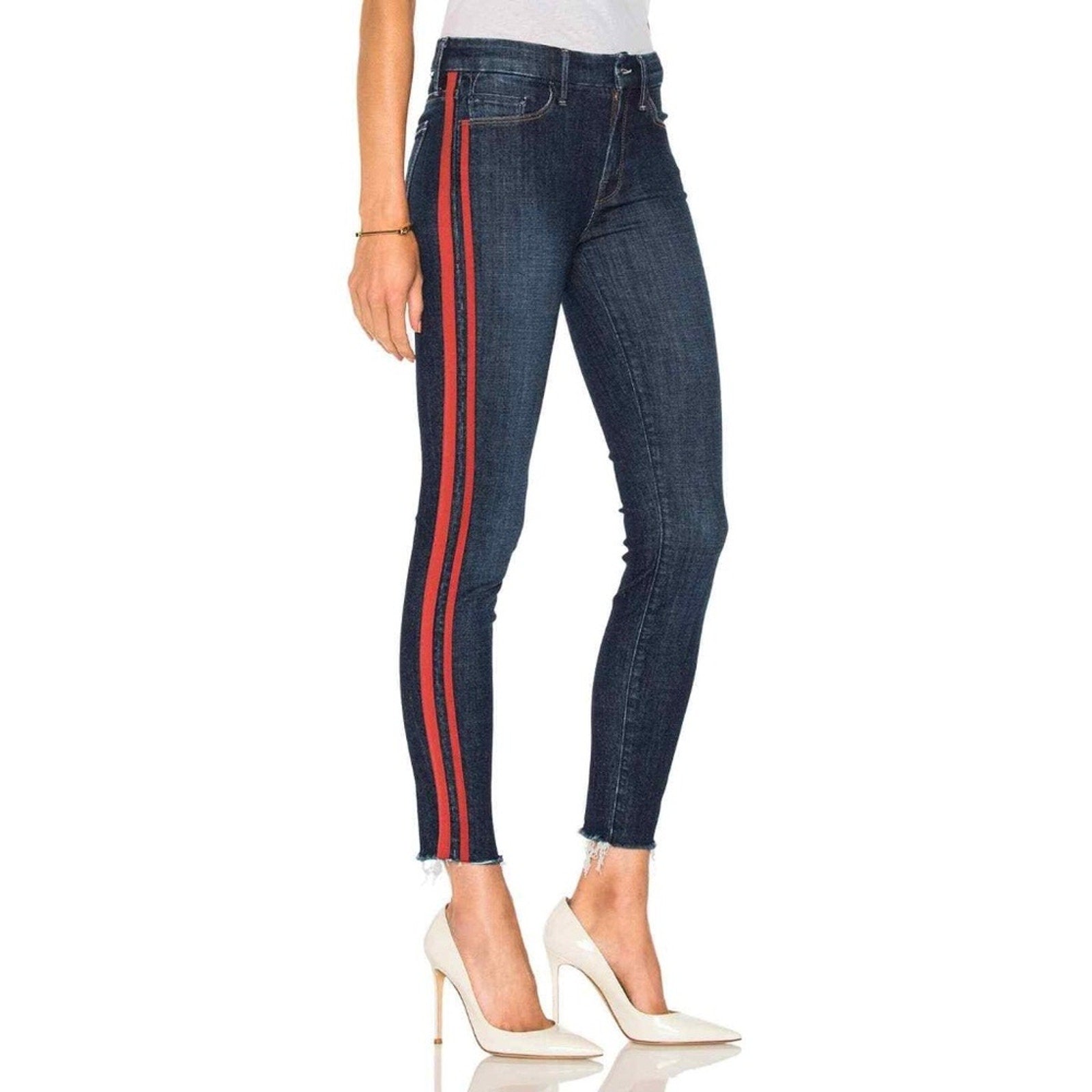 MOTHER The Looker Blue Ankle Fray Skinny Jean Red Tuxedo Stripes - size 30