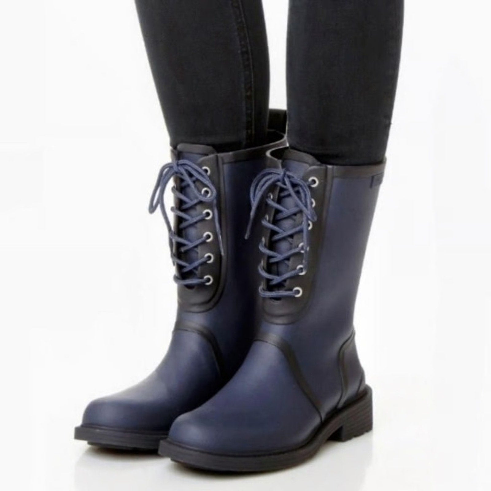 Rag & Bone Navy Ansel Rubber Lace Up Mid Calf Rain Boots - size 39
