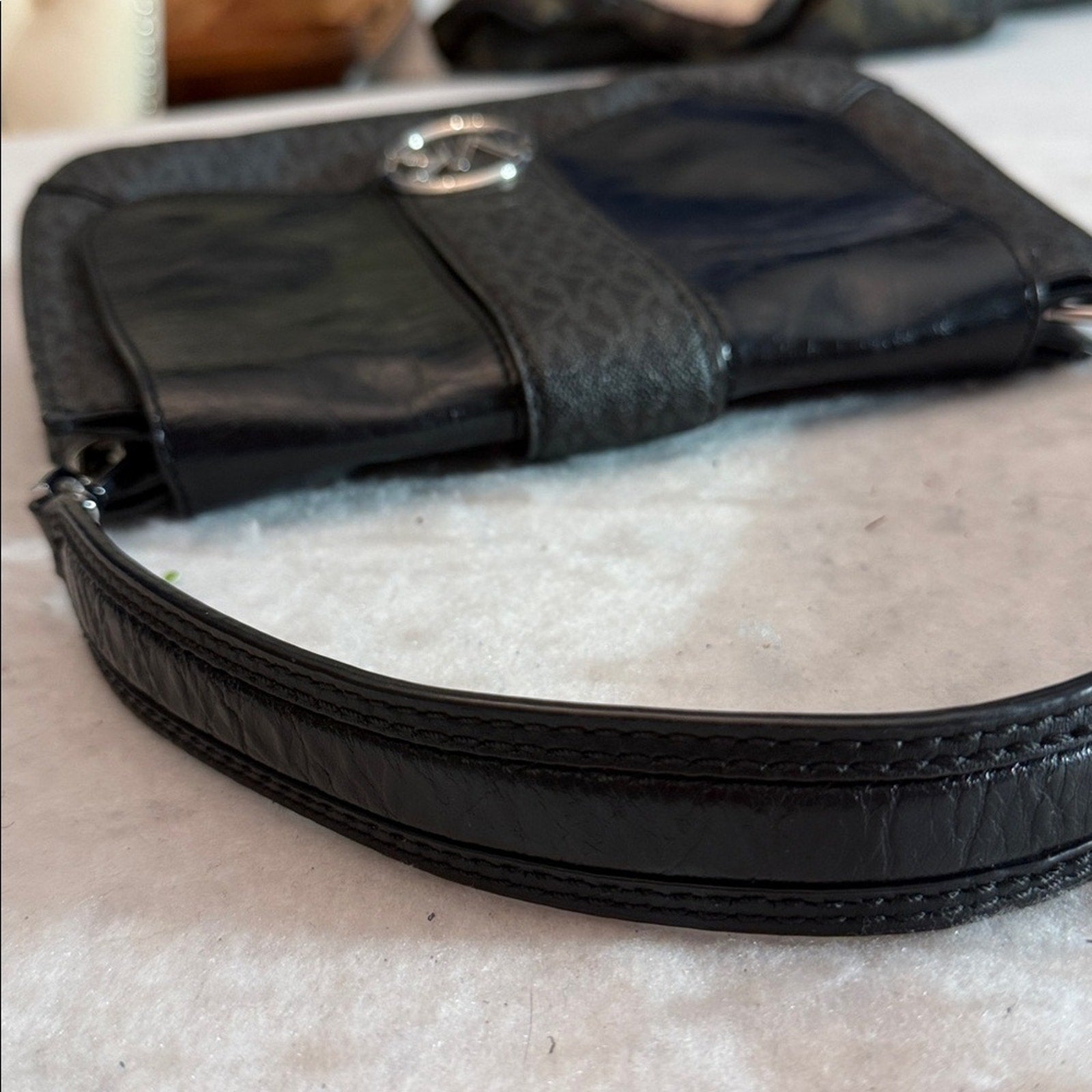 Michael Kors Lillie Signature Polished Top-Handle Satchel (Black/Silver)