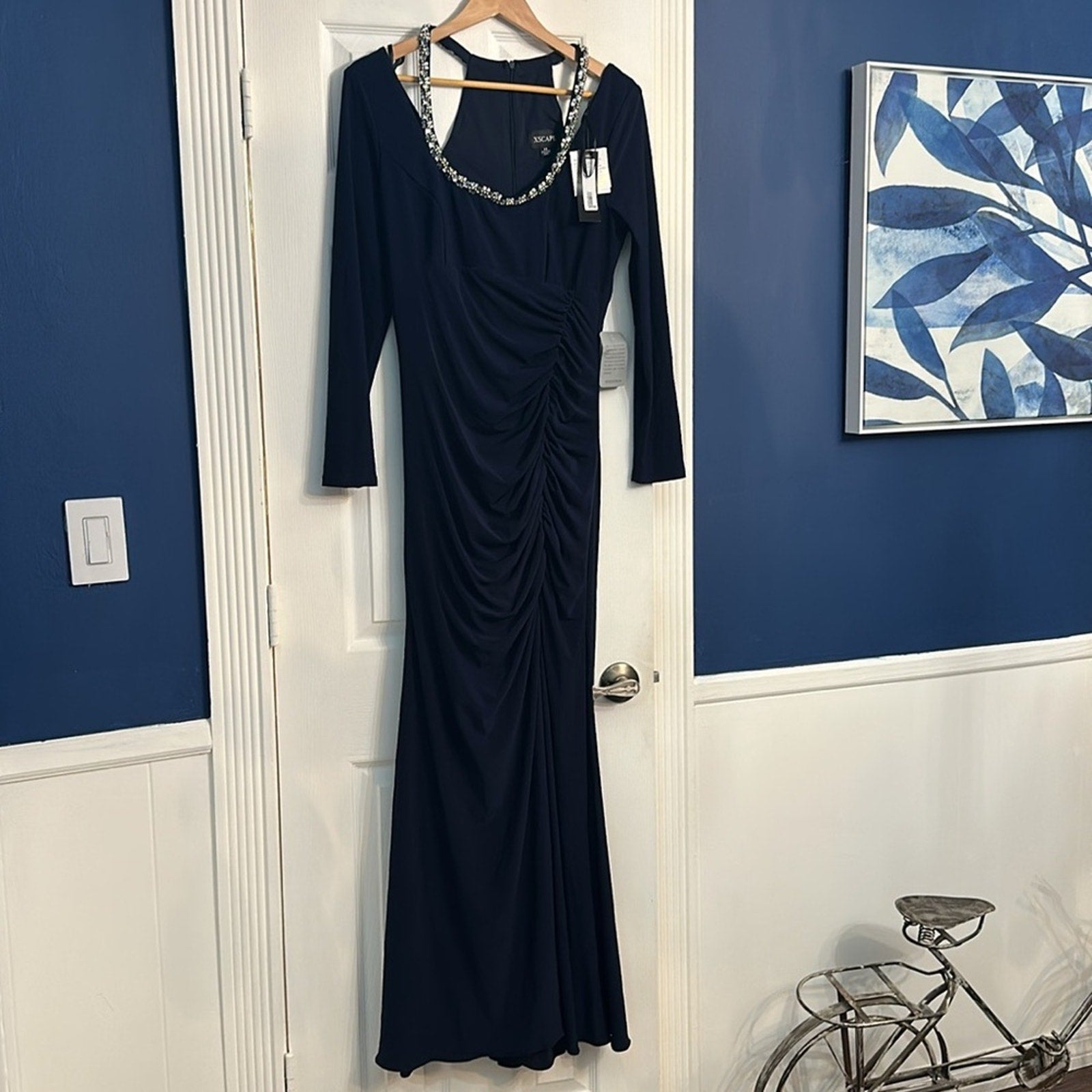 NWT Xscape Crystal Trim Long Sleeve Gown in Navy 5721X - size 14