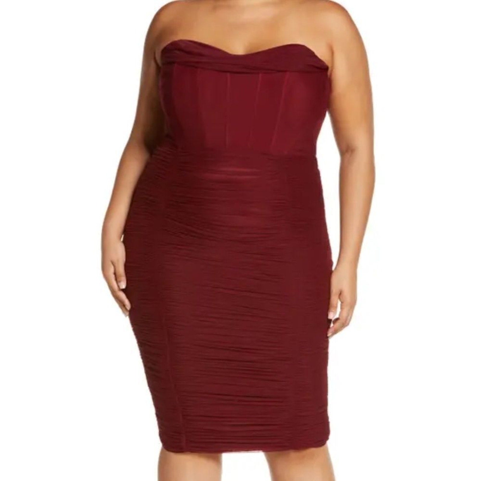 NWT Lavish Alice MESH CORSET STRAPLESS MIDI DRESS IN BURGUNDY