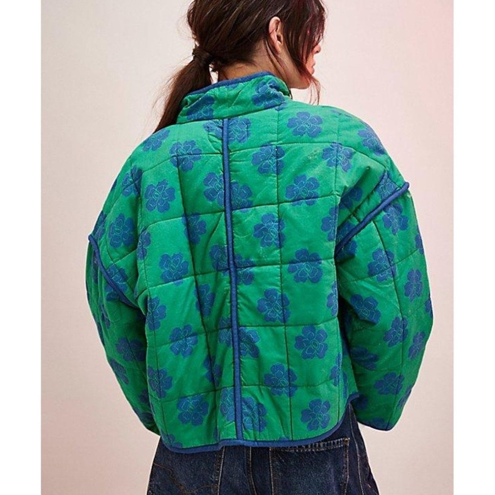 NEW Free People Women's Green Chloe Floral-Print Quilted Cotton Jacket - size XS
