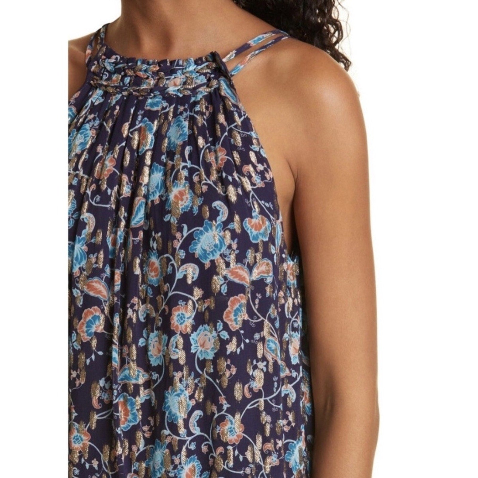 Ramy Brook $295 Kira Metallic Floral Halter Neck Top - size M