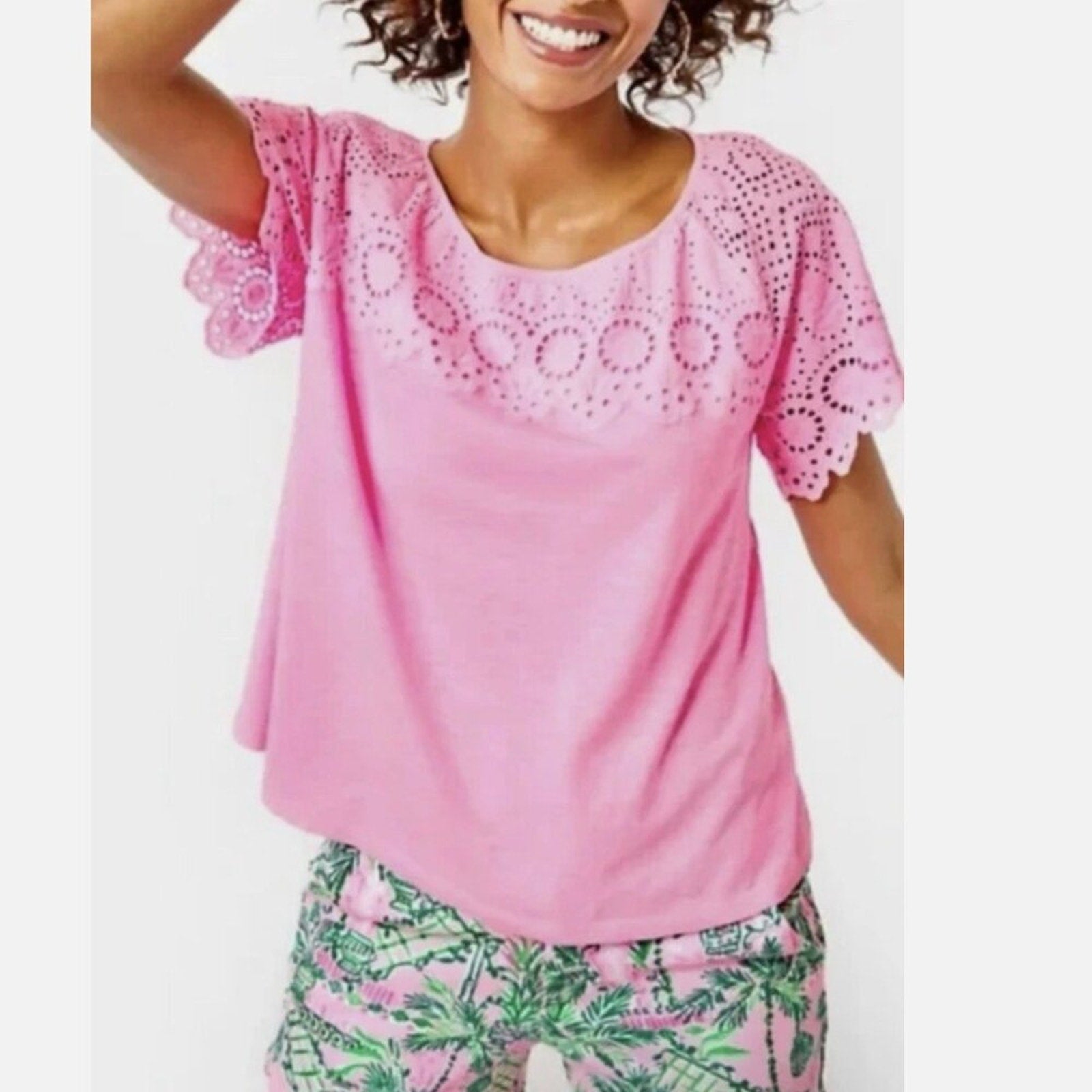 Lilly Pulitzer Taylinn Top Pink Eyelet Accents - S