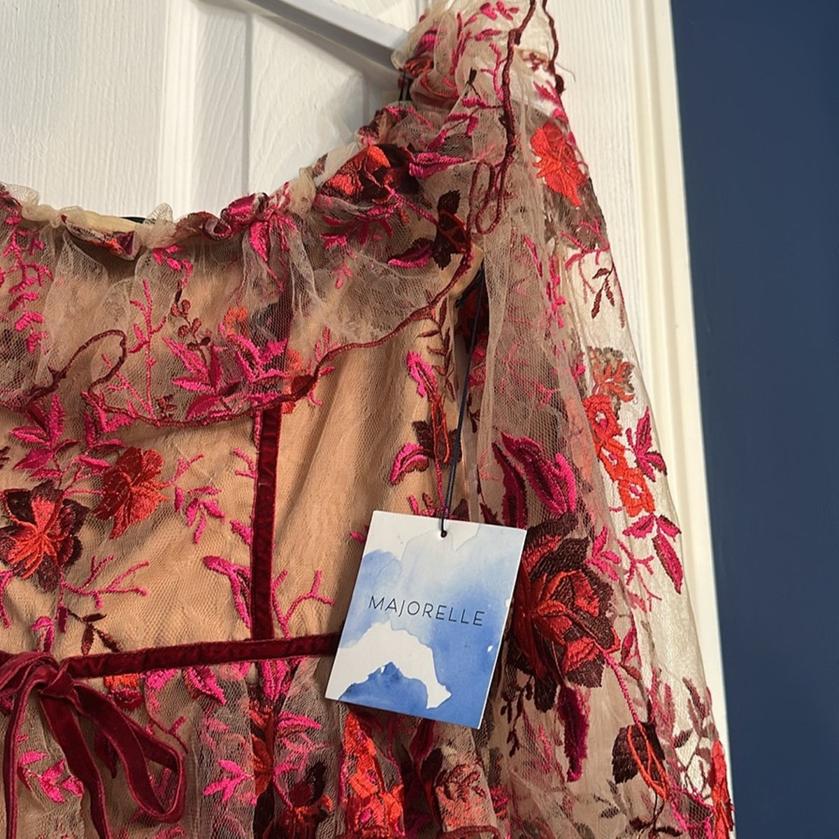 NWT Majorelle Fae Mini Dress In Scarlet Vineyard Floral Embroidered - small