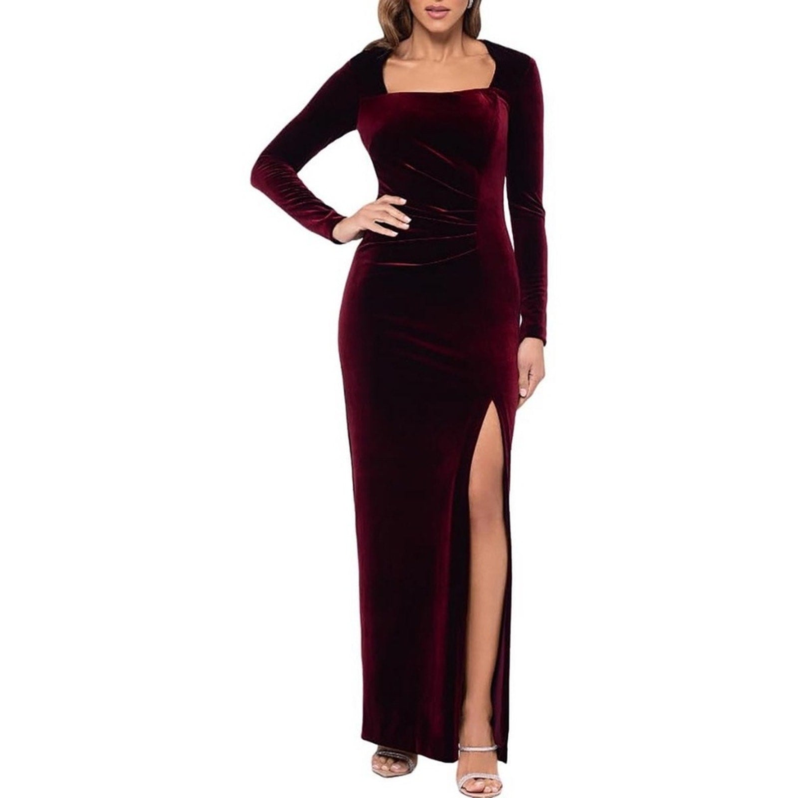 NWT Xscape Women's Red Velvet Long-Sleeve Front-Slit Gown Dress - size 8