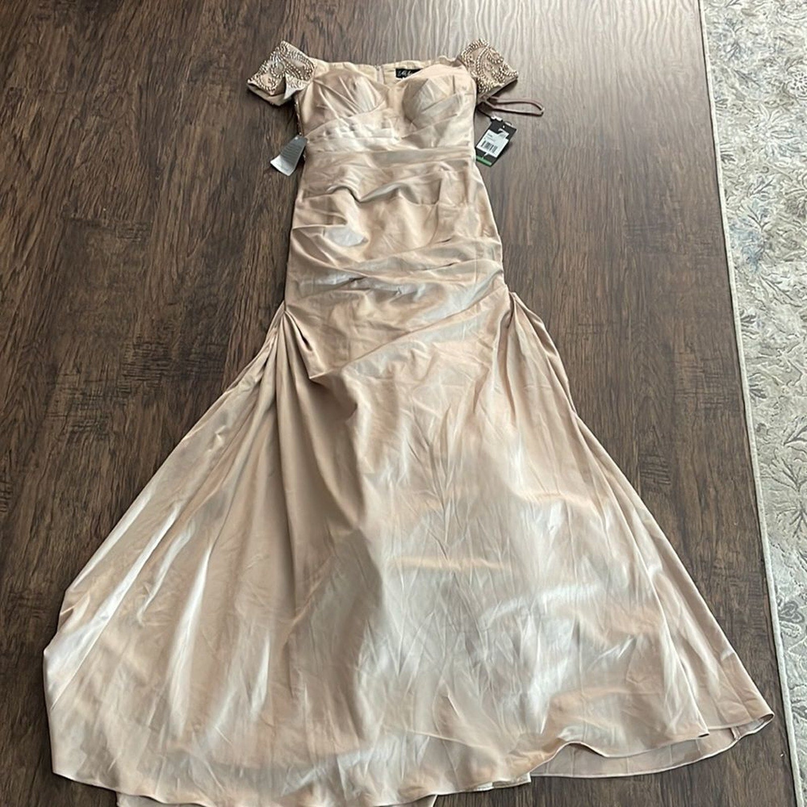 NWT La Femme Off the Shoulder Beaded Satin Trumpet Gown in champagne - size 6