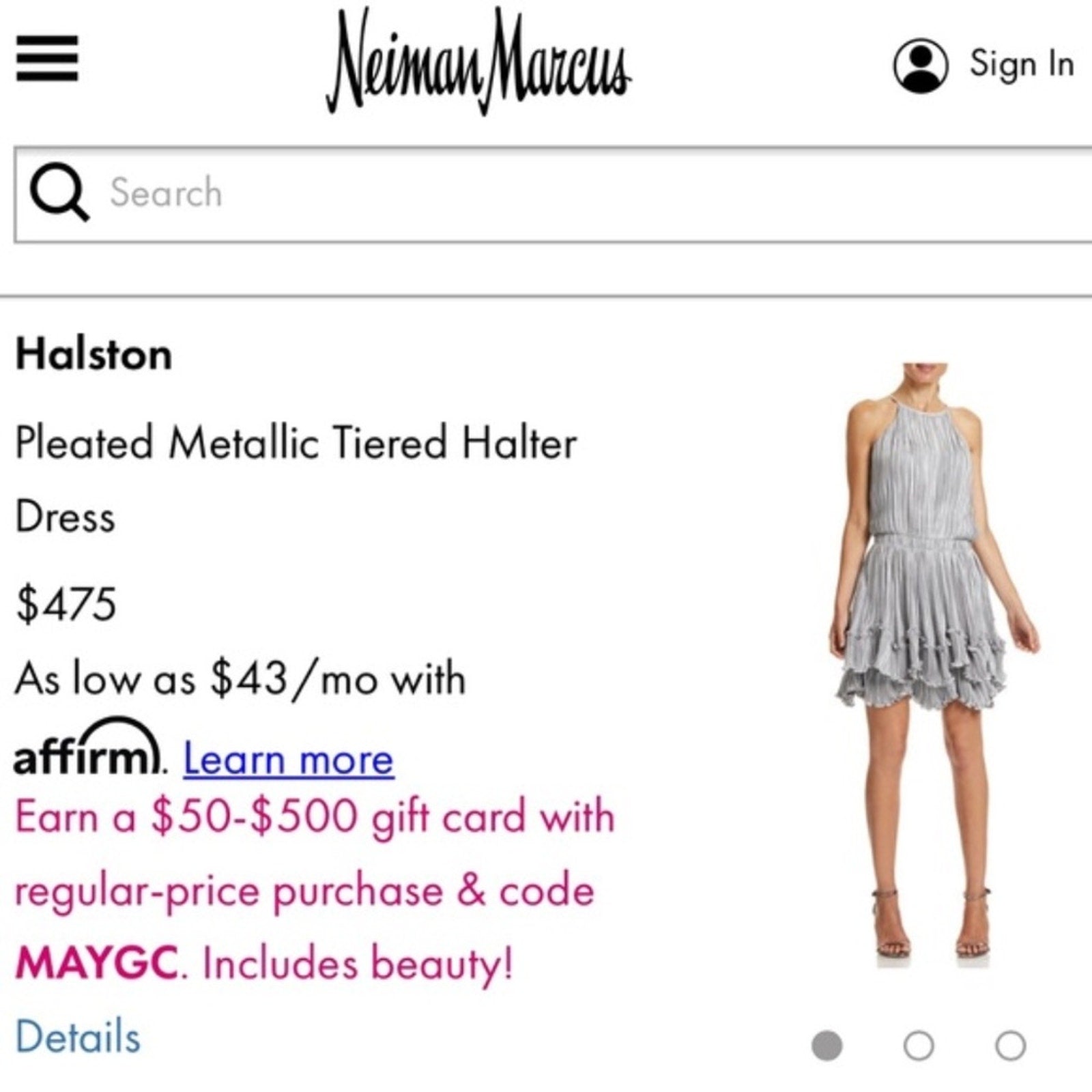 Halston metallic pleated halter dress - size 4