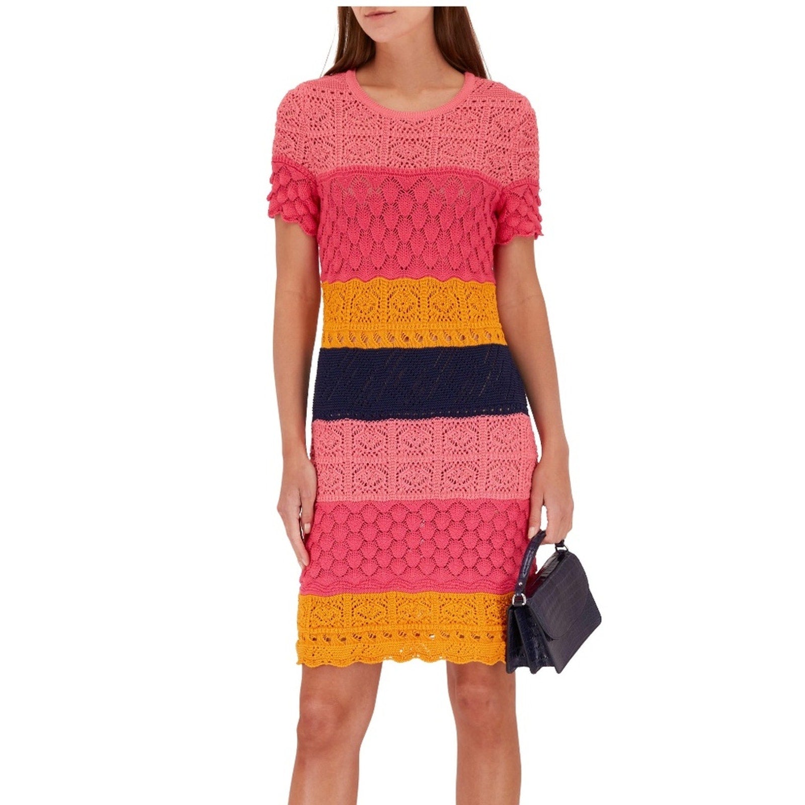 NEW Carolina Herrera Multicolor Crochet Stripe Shift Dress - size M