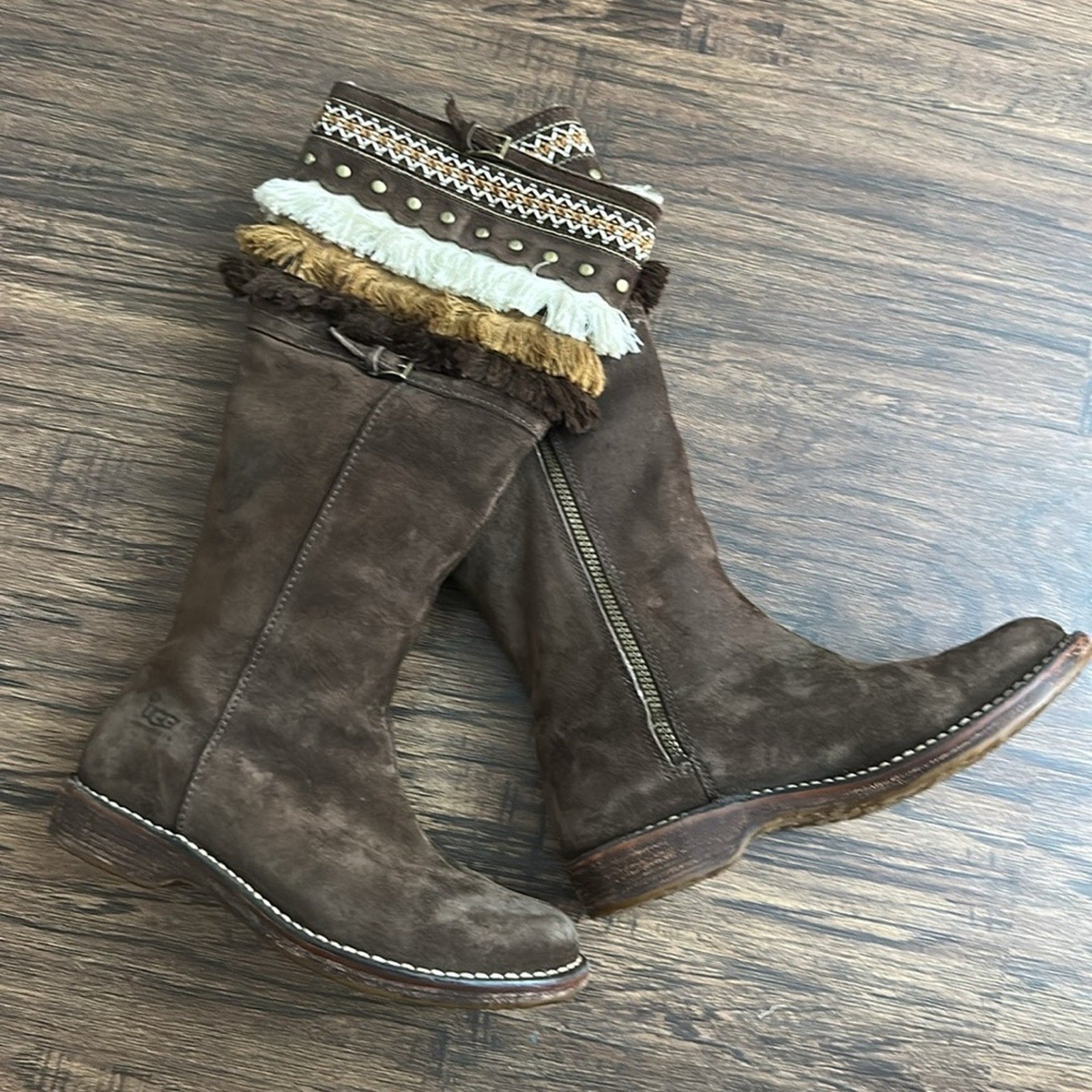 UGG Kiera Suede Sheepskin Tan Bohemian Fringe Studded Embroidered Boots - RARE