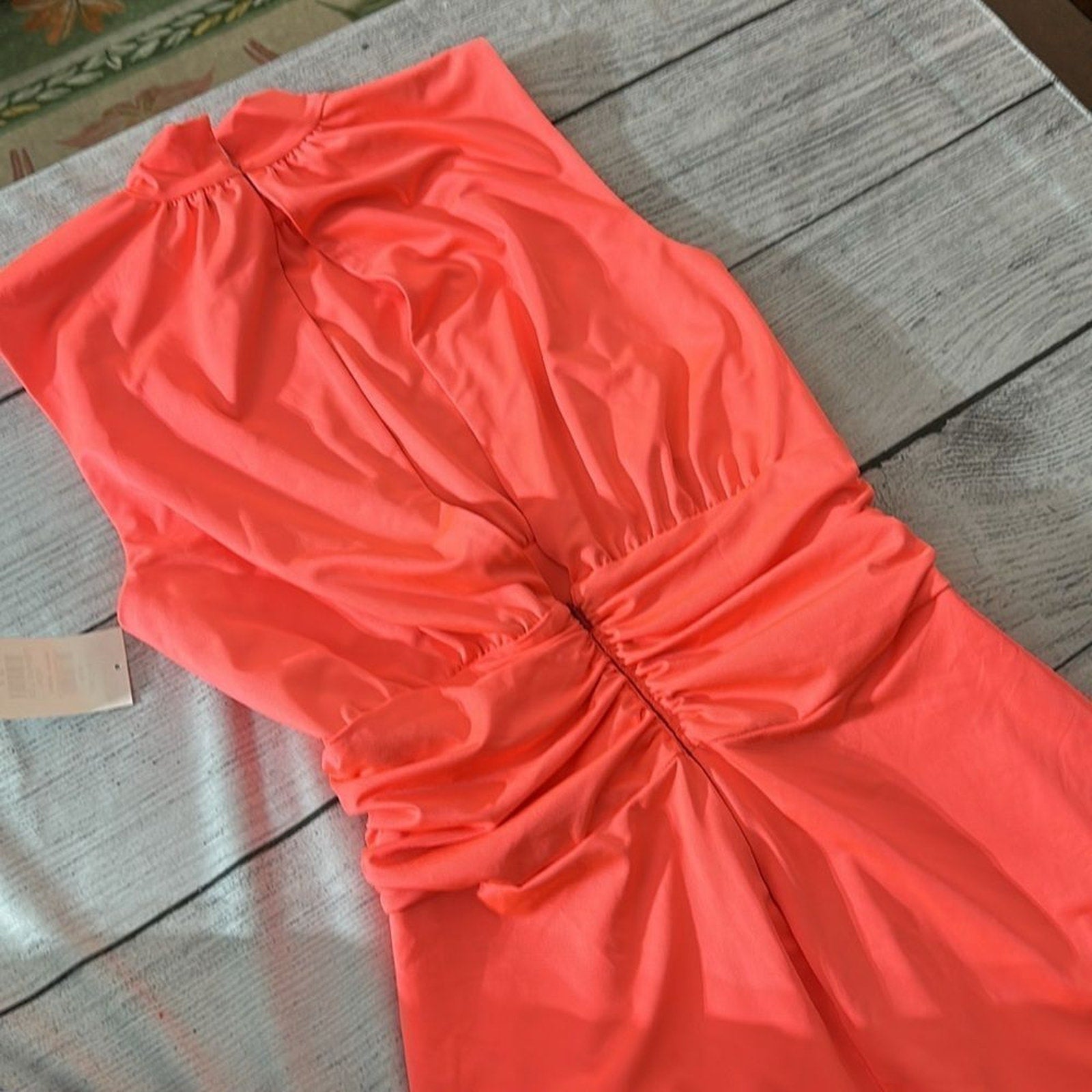 NEW Black Halo Women's Neon Salmon Orange Haiku Ruched Knit Mini Dress - size 10