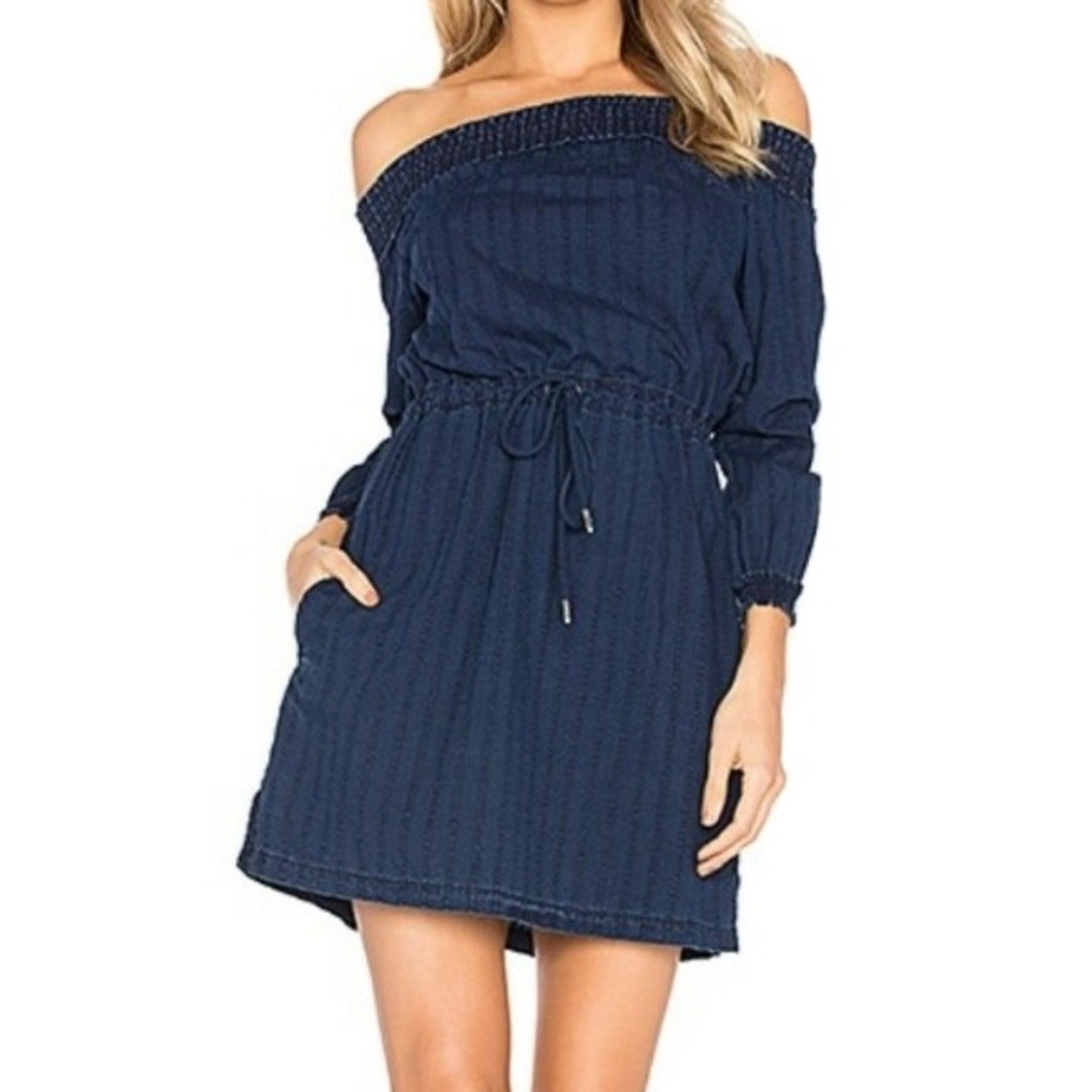 Rag & Bone Jean Off The Shoulder Indigo Chambray Shift Women's Dress - size L