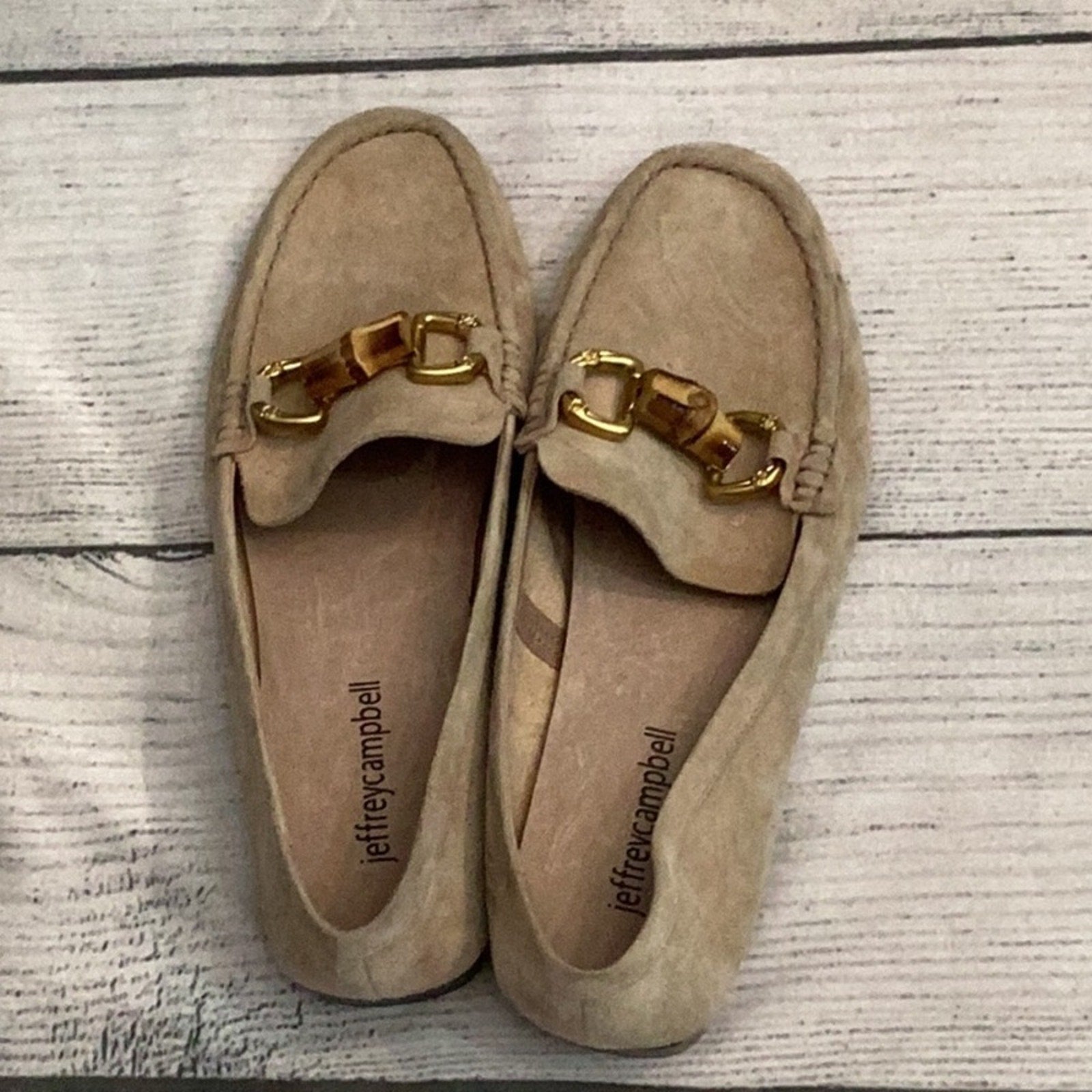 JEFFREY CAMPBELL Apprentice Moc Toe Loafers - Beige Suede Gold - size 7.5