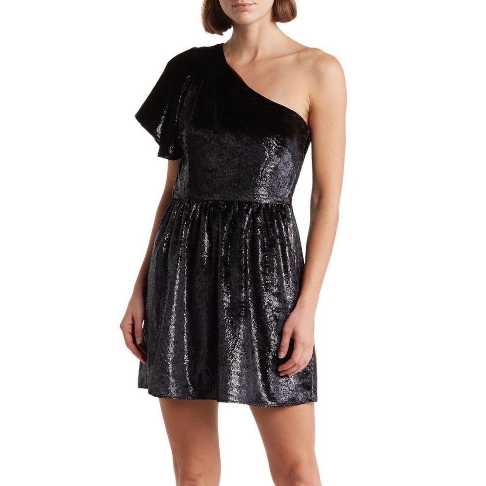 NEW 7 for All Mankind One Shoulder Metallic Velour Fit & Flare Dress