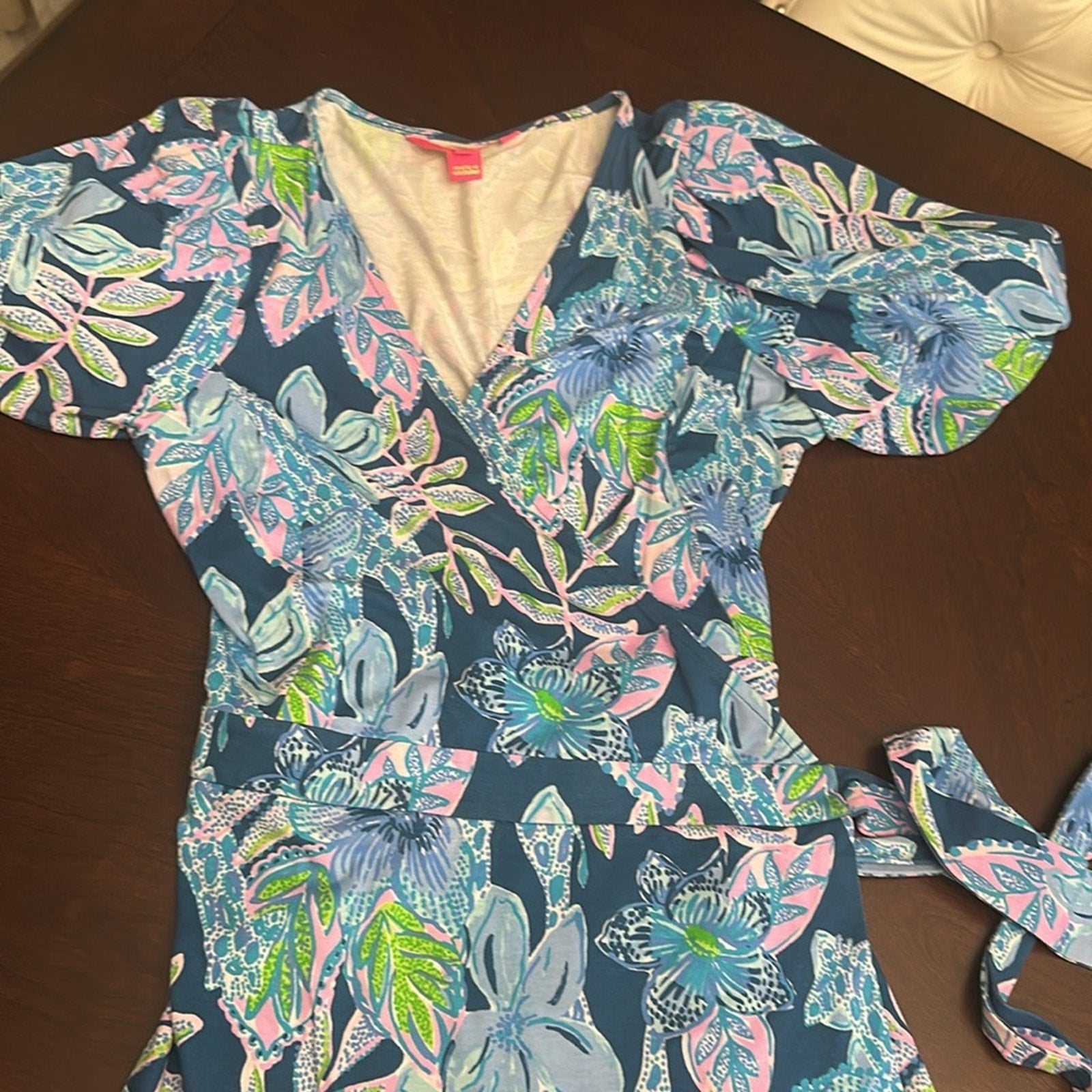 Lilly Pulitzer Kessler Wrap Dress Macaw Blue Tall Me About It - size M