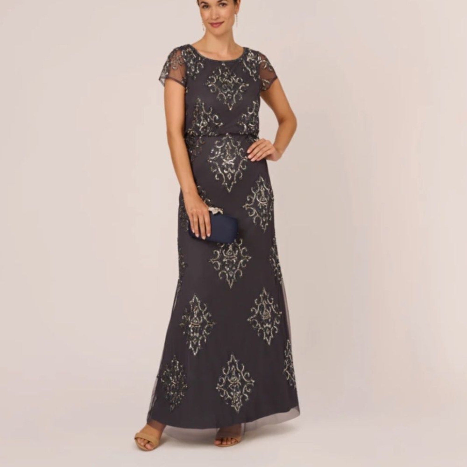 adrianna papell long beaded blouson dress NWT Adrianna Papell HAND-BEADED LONG BLOUSON GOWN IN GUNMETAL