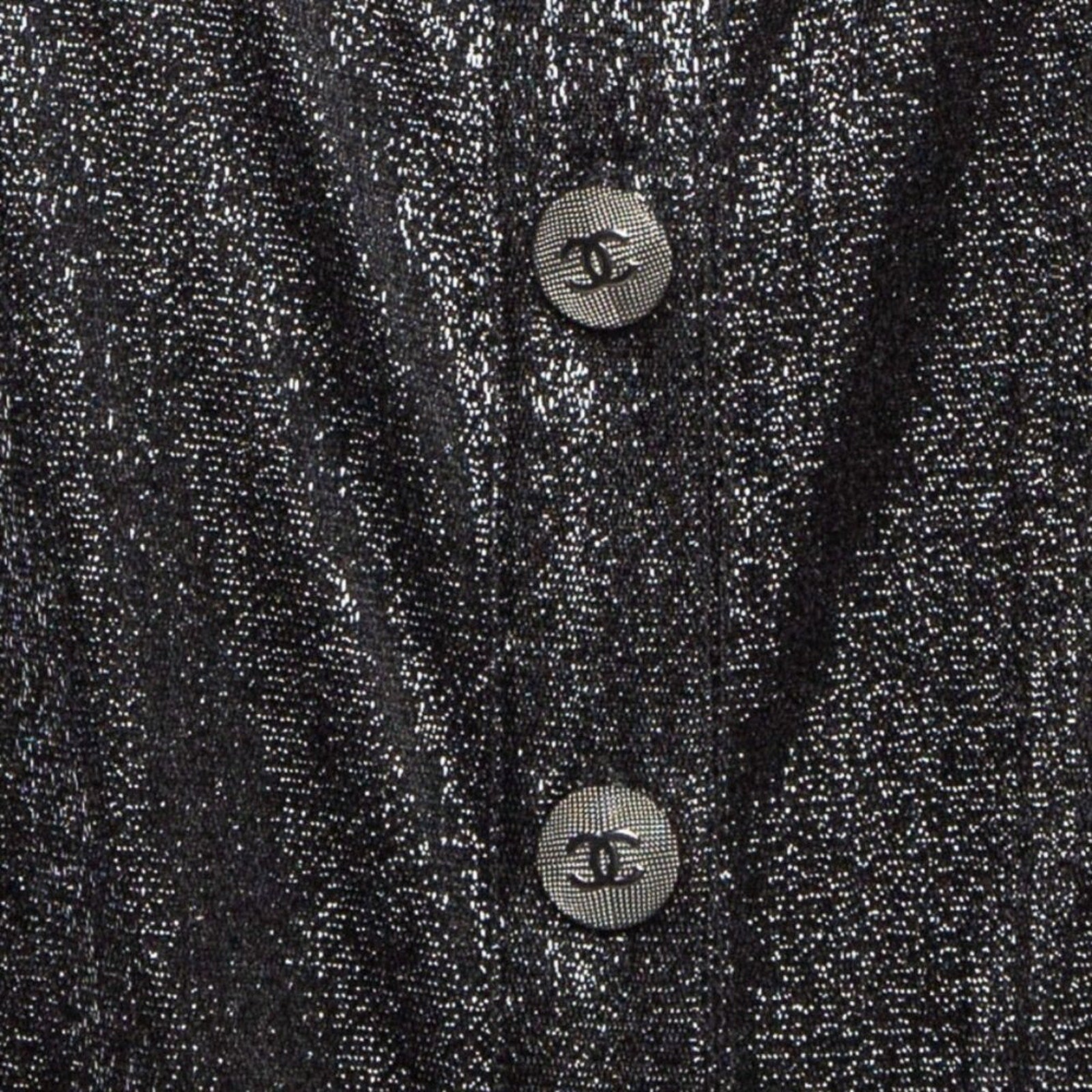 Chanel Black Metallic Lurex Knit Button Front Shift Dress -38 (US 6)