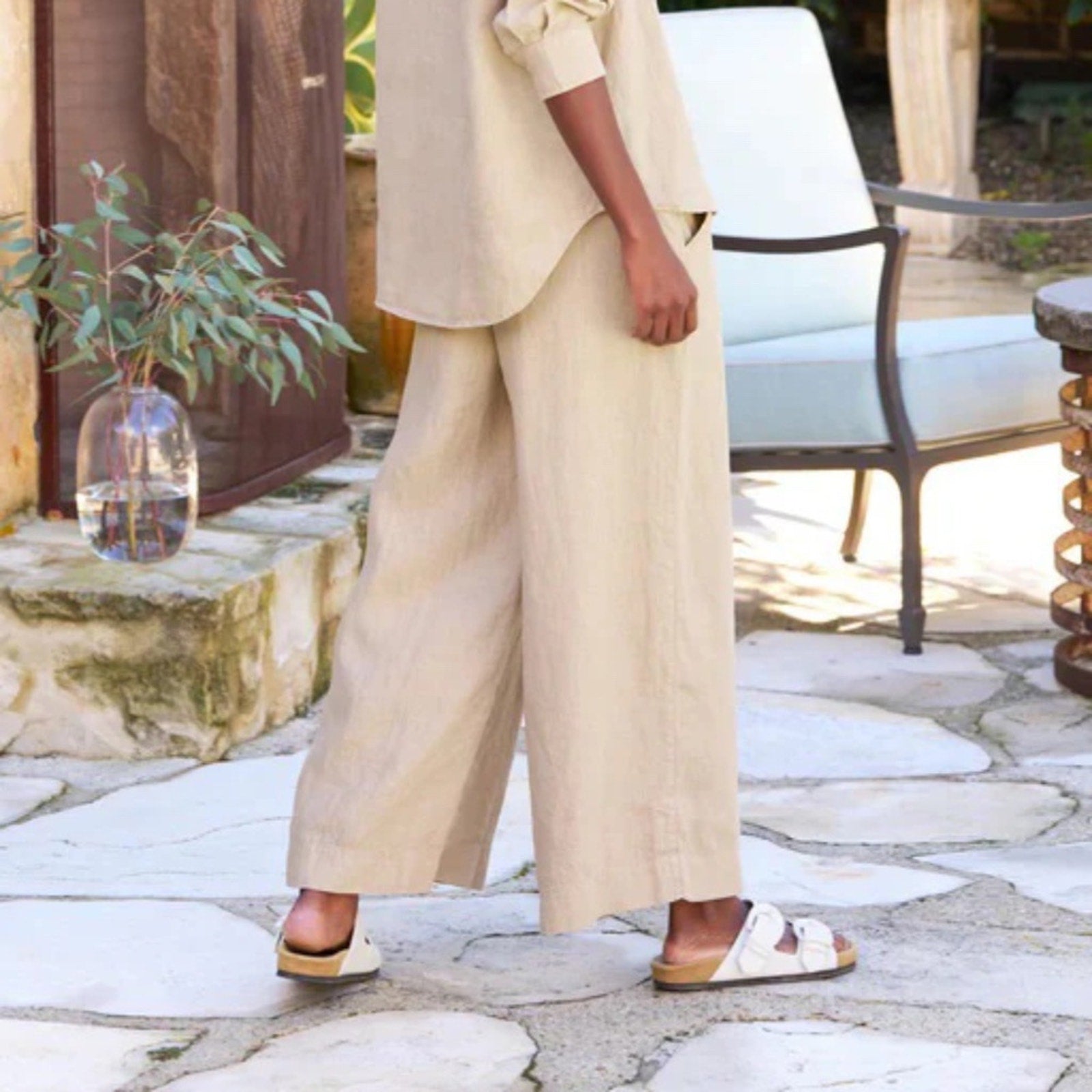 NEW Frank & Eileen Maisie 100% Linen Wideleg Pull-On Pants Coastal Beach - large