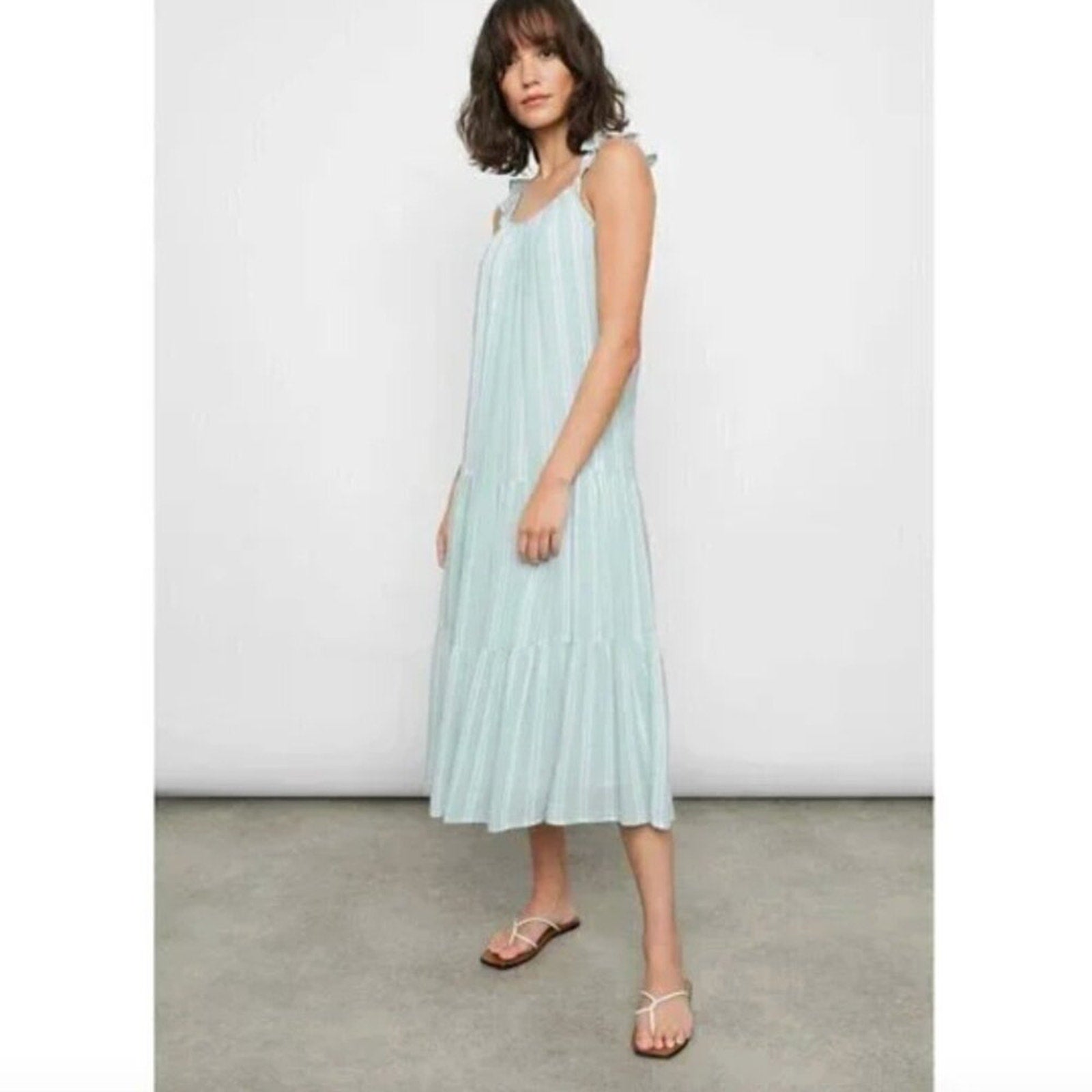 Rails Dress Capri Linen Small Green White Striped Tiered Sleeveless - S