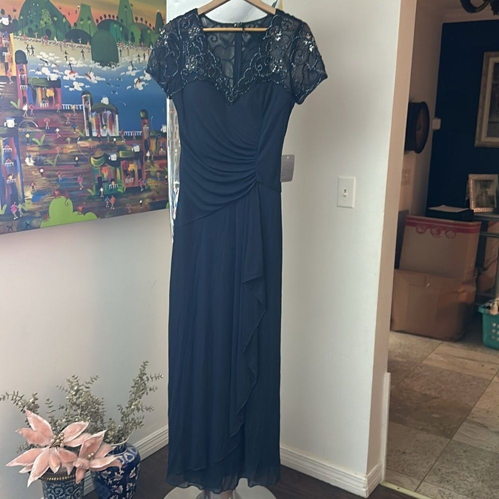 NWT Xscape "CARMEN" LONG SHEER MATTE JERSEY BEADED SHORT SLEEVE DRESS - size 10