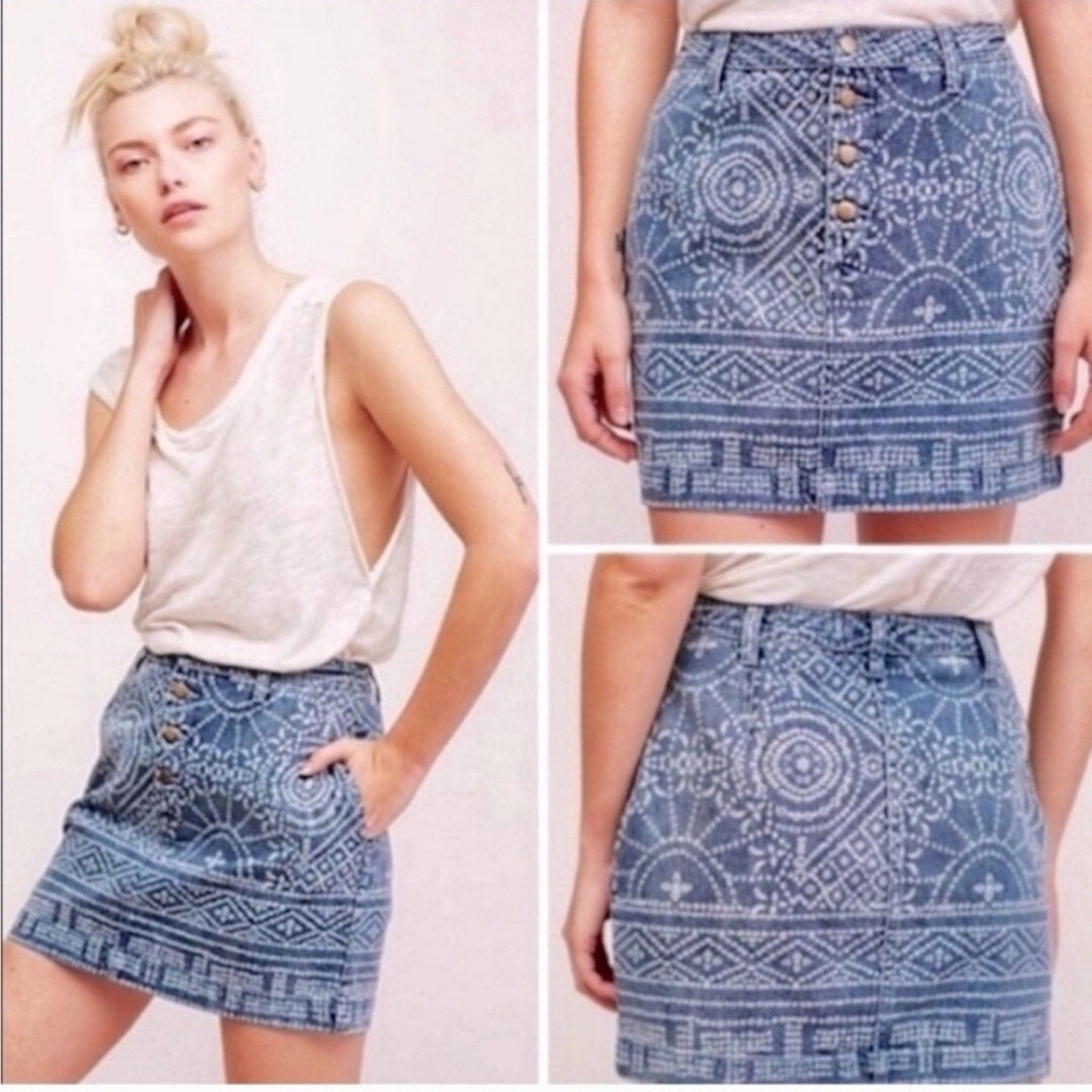 Free People School Daze Denim Jean Tribal Print Button Front Mini Skirt Size 2