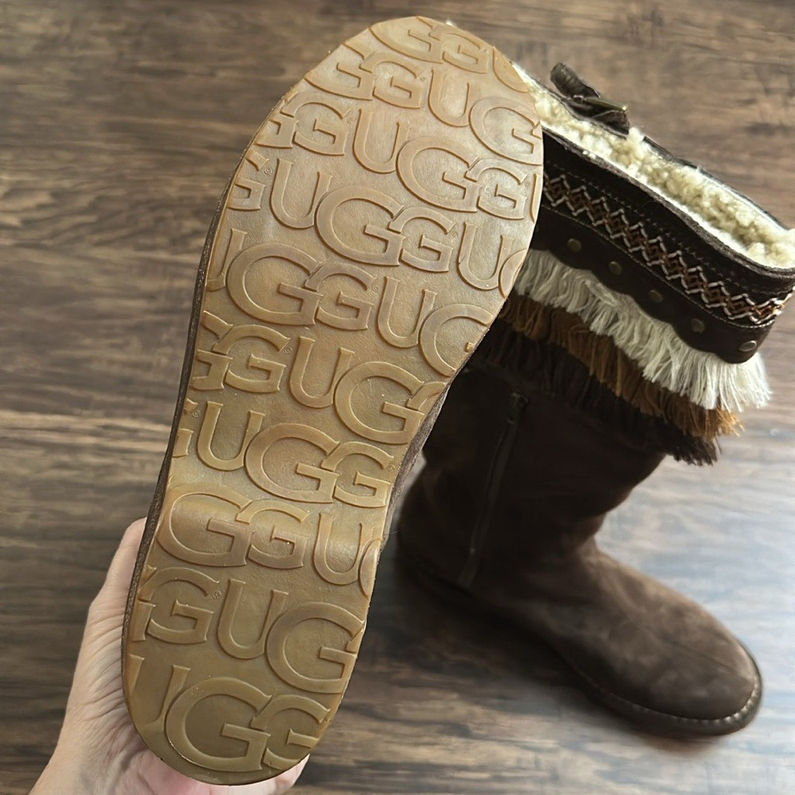UGG Kiera Suede Sheepskin Tan Bohemian Fringe Studded Embroidered Boots - RARE