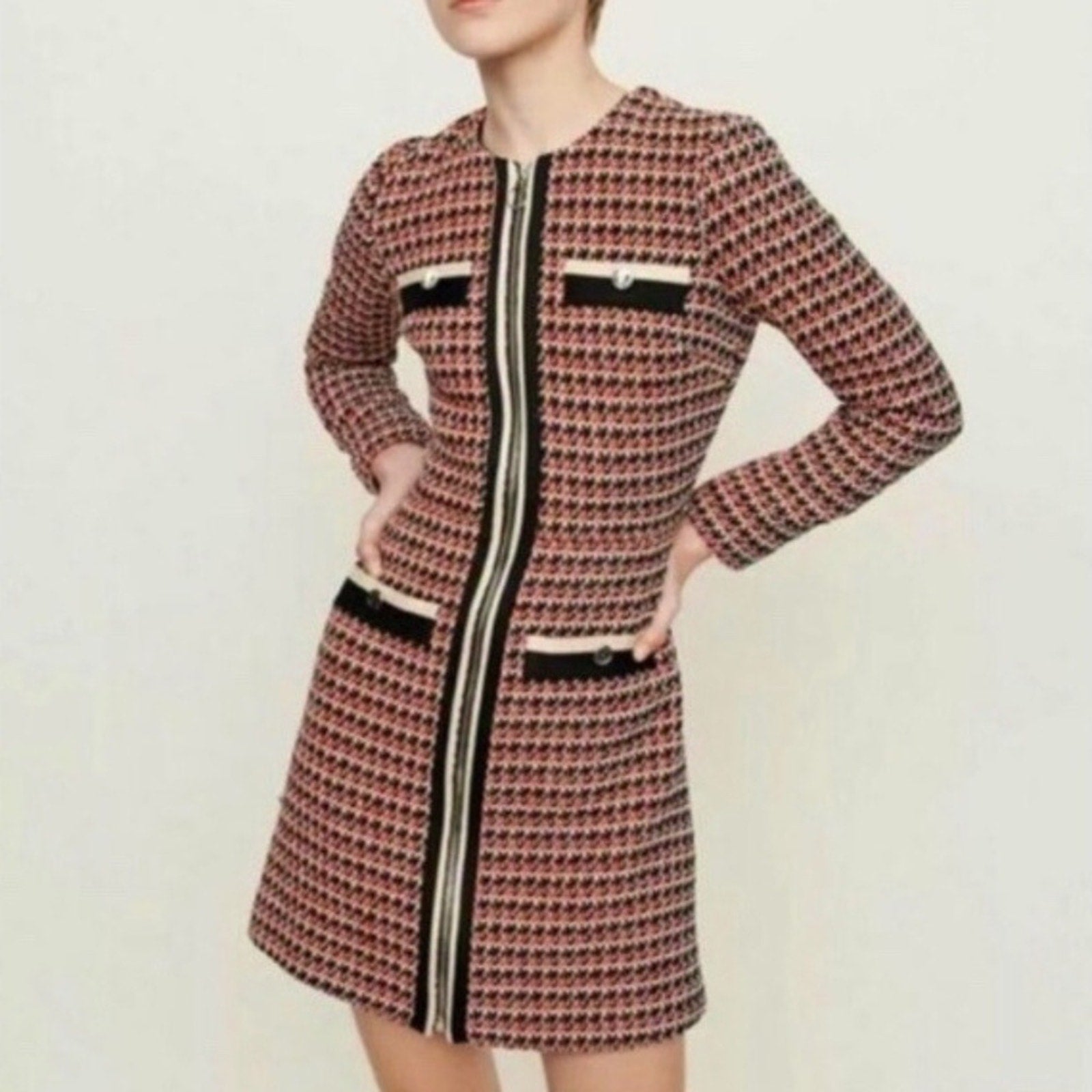 Maje Romane Tweed Dress NEW Red Black Full Zip Long Sleeve Mini - size 34
