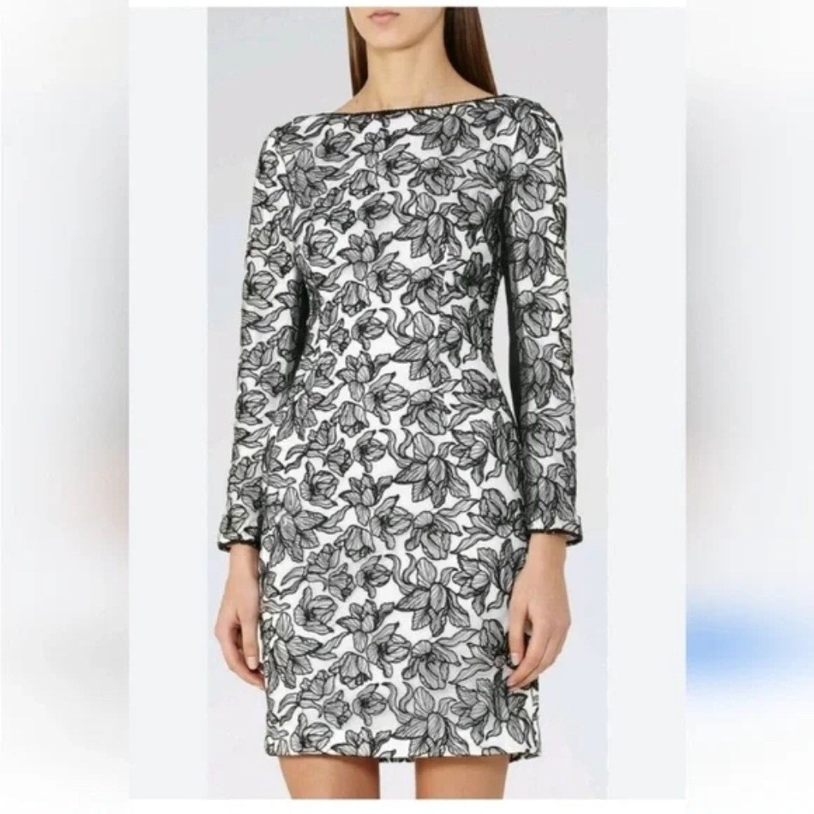 Reiss Black and White Floral Celia Dress Embroidered - size 2