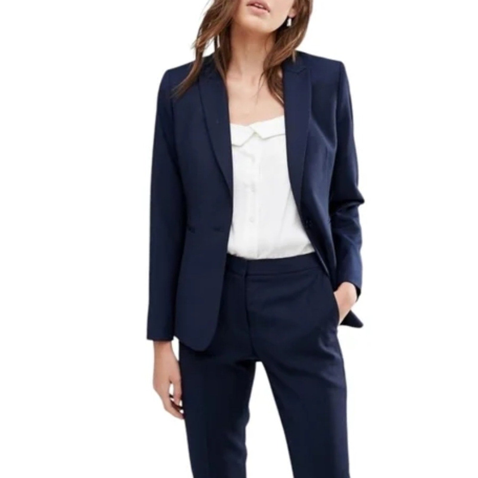 Reiss Womens Navy Single-Breasted wool blend blazer - size 8