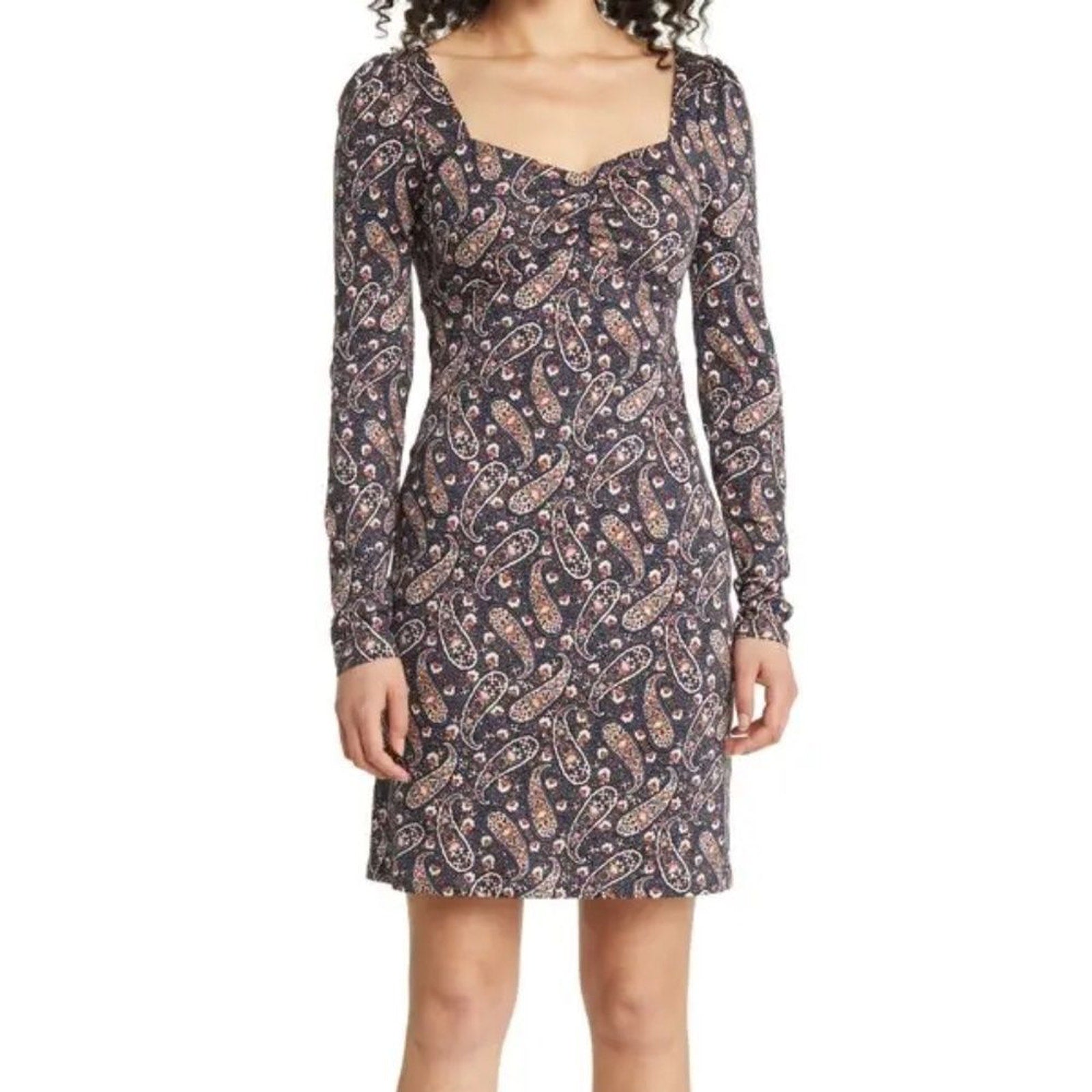 NEW BODEN Paisley Sweetheart Neck Long Sleeve Cotton Blend Dress - size 12