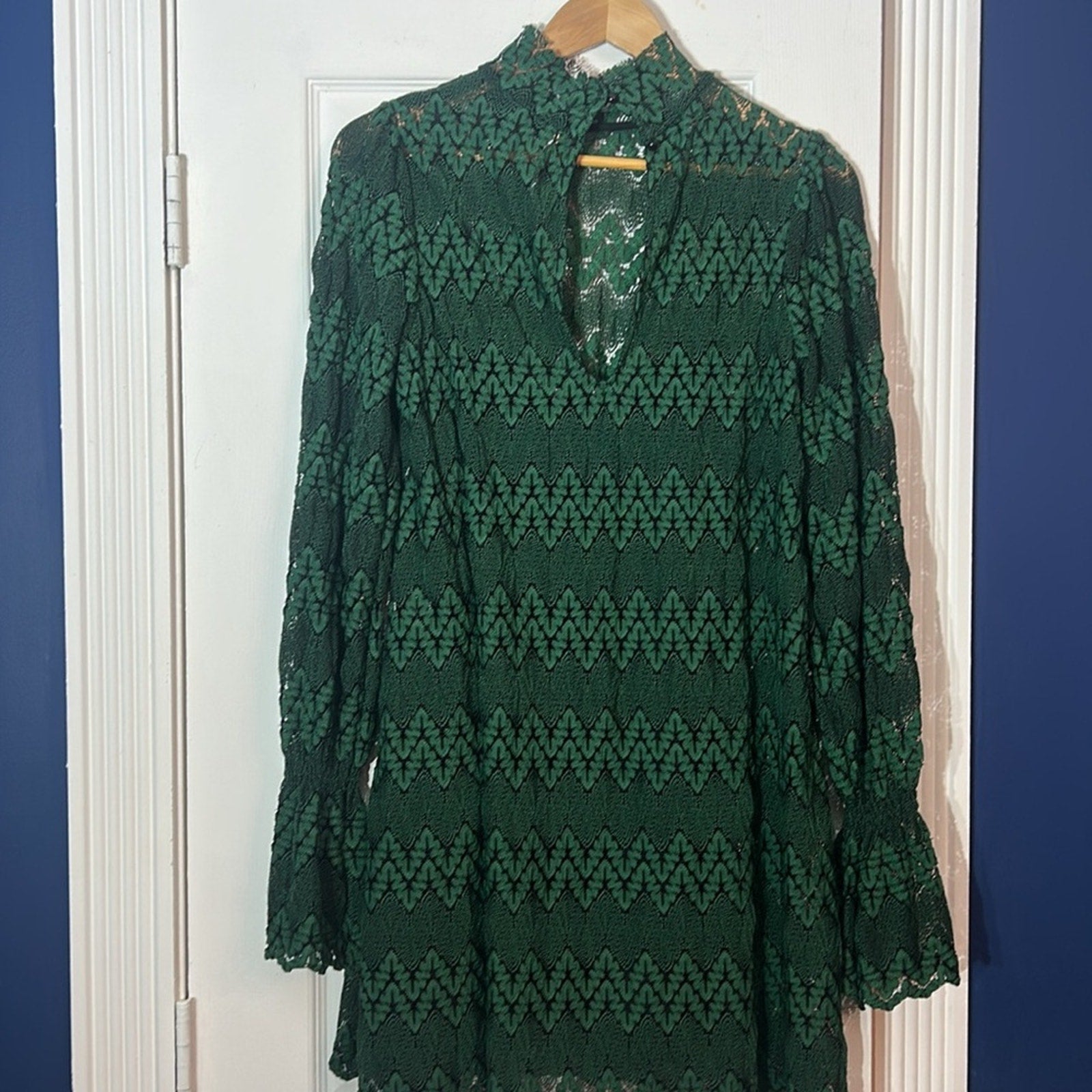 NWT Free People Simone Mini Green Combo Lace Dress Mock Neck - small