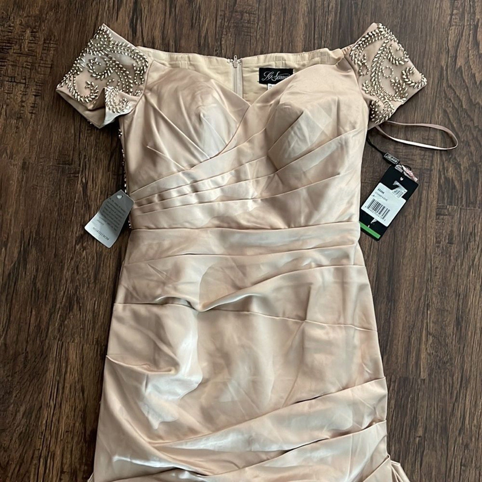 NWT La Femme Off the Shoulder Beaded Satin Trumpet Gown in champagne - size 6