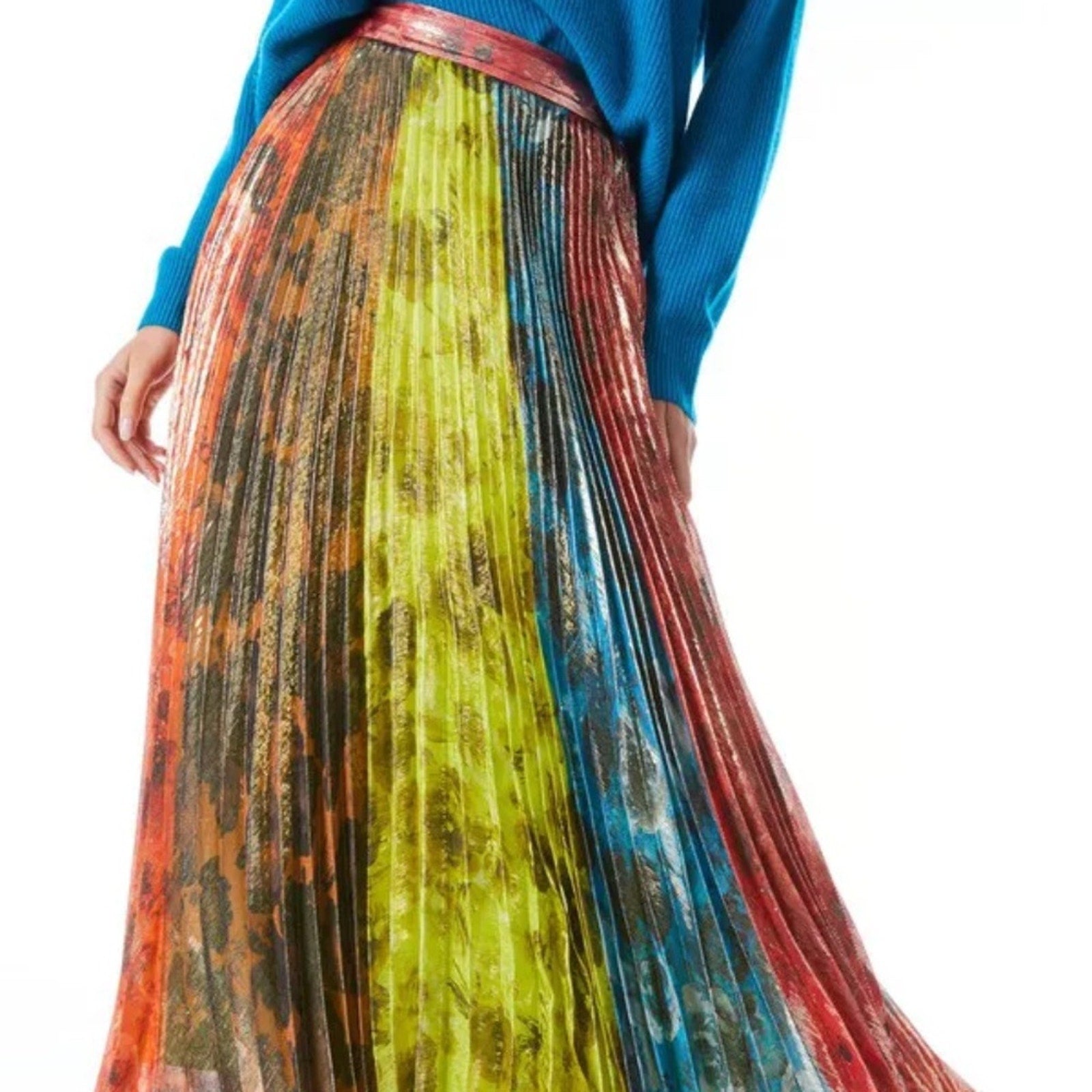 NEW ALICE + OLIVIA Katz pleated metallic floral-print chiffon maxi skirt -size 2