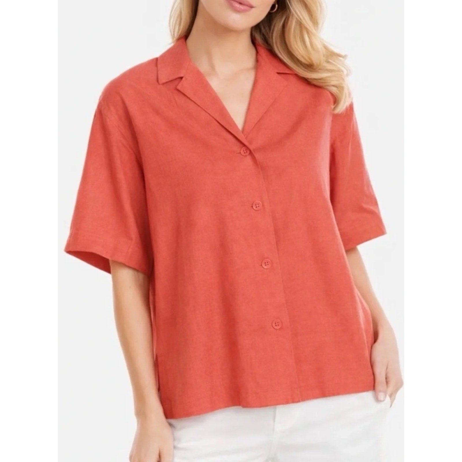 Rebecca Taylor Linen-Blend Cabana Shirt In Orange - size M