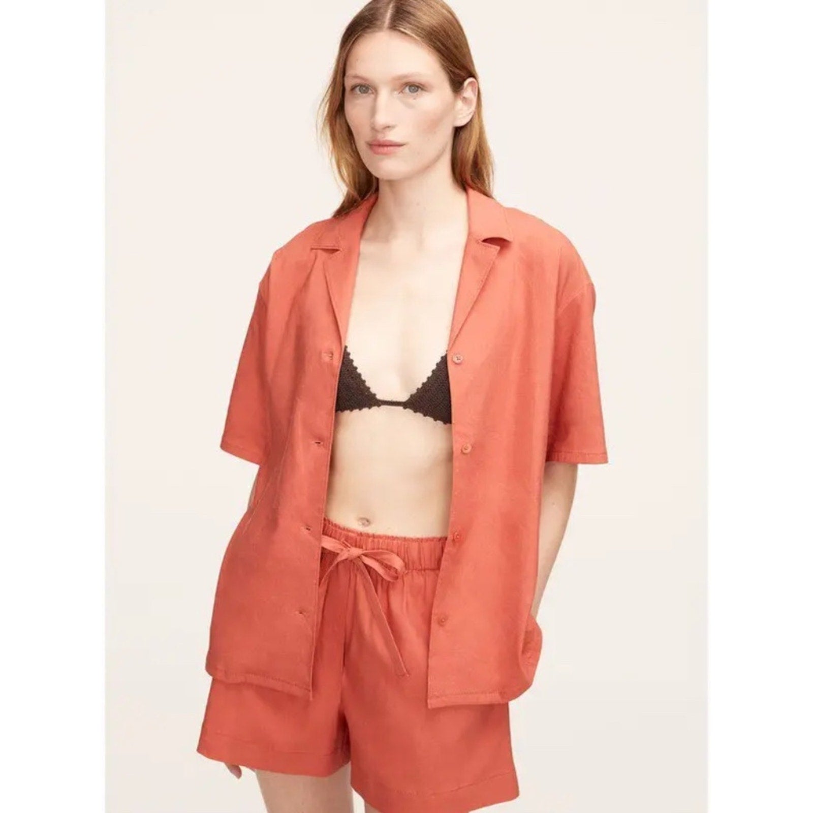 Rebecca Taylor Linen-Blend Cabana Shirt In Orange - size M
