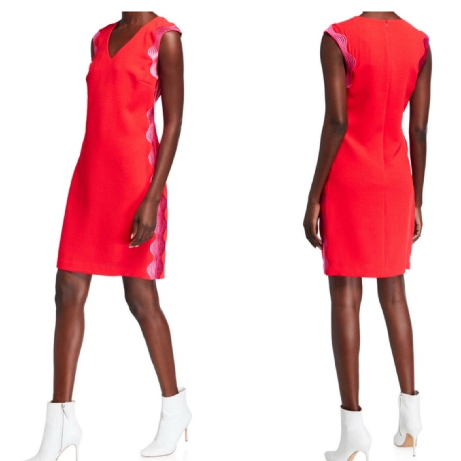 Trina Turk Sheath Dress Women Size 8 Red Polyester Sleeveless V Neck Back Zipper