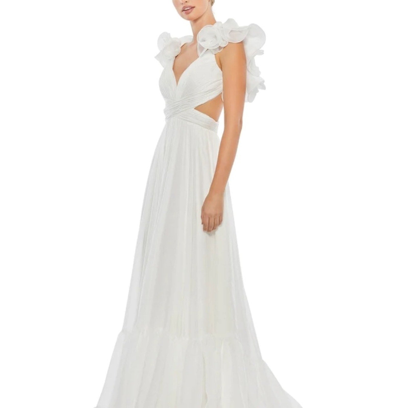 NWT Mac Duggal Indy A-Line Ruffled Back-Lace Chiffon Gown 67911 - size 8