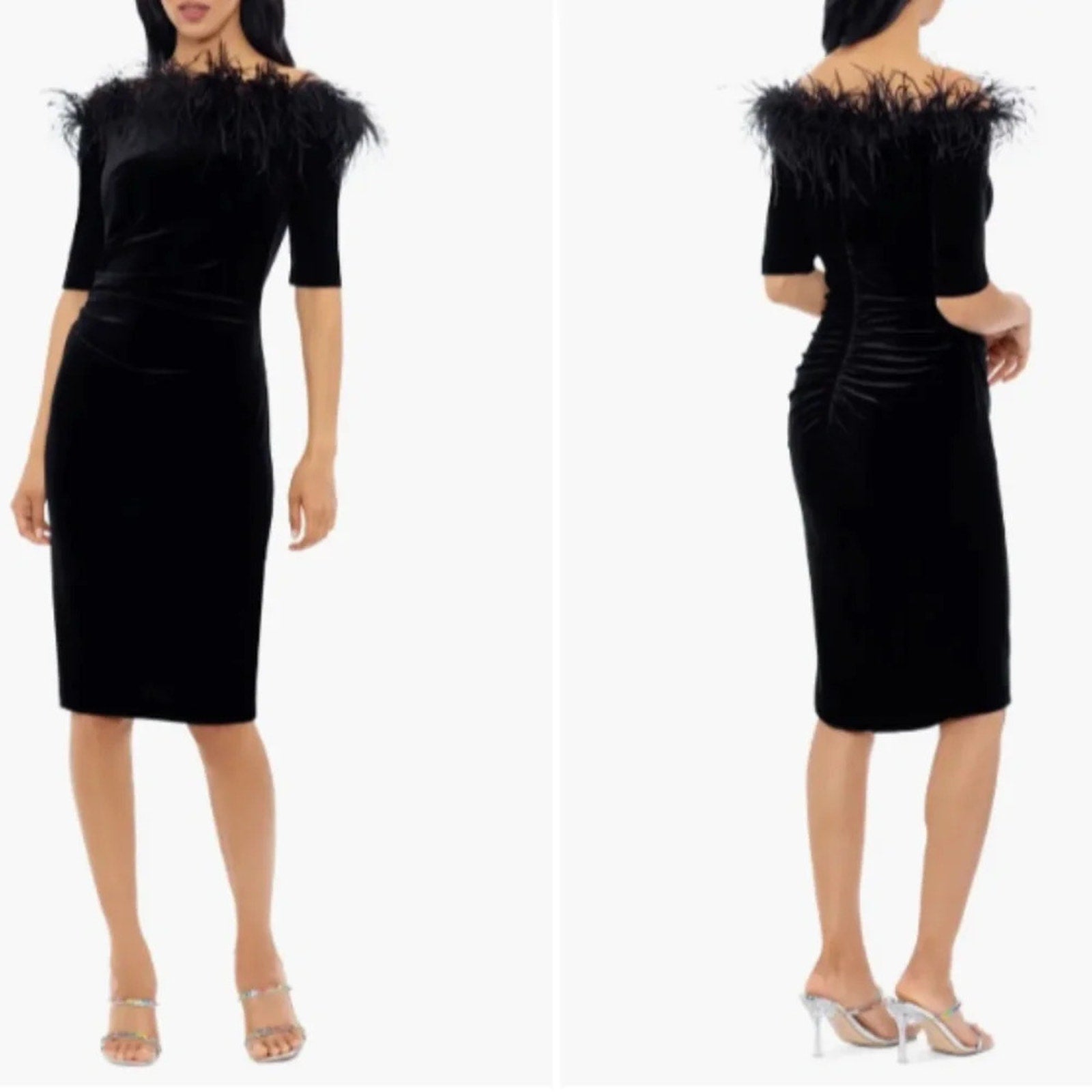 NWT XSCAPE Black Feather Trim Off the Shoulder Elbow Sleeve Velvet Sheath Dress