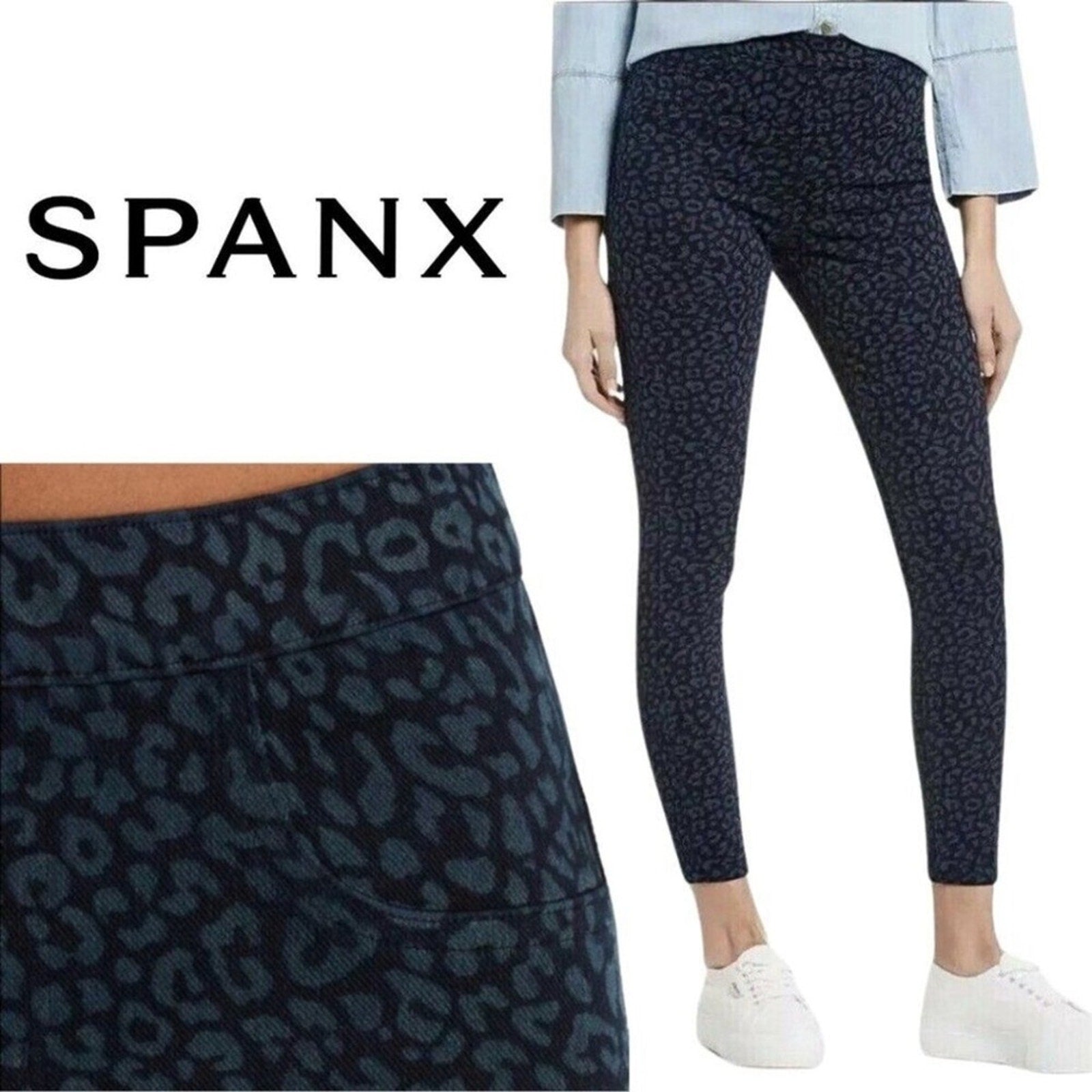 Spanx blue Leopard Print Jean-ish Ankle Leggings High Rise Shaping - size large