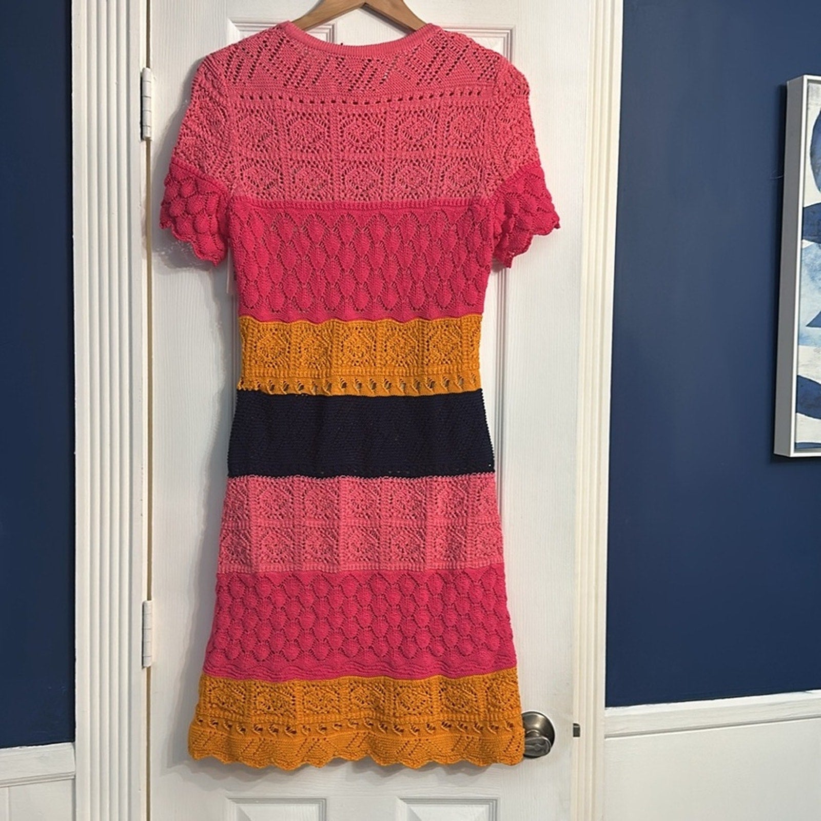 NEW Carolina Herrera Multicolor Crochet Stripe Shift Dress - size M