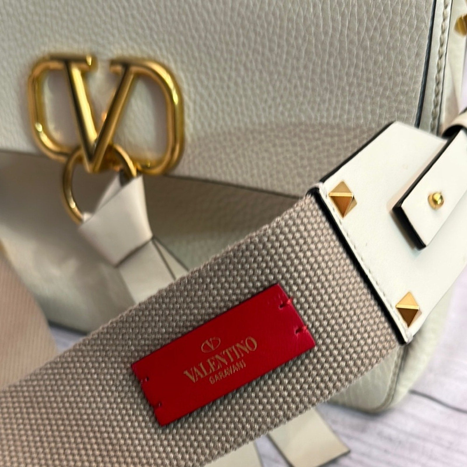 Valentino Garavani Pebbled Calfskin Mini VRing Shoulder Bag Light Ivory
