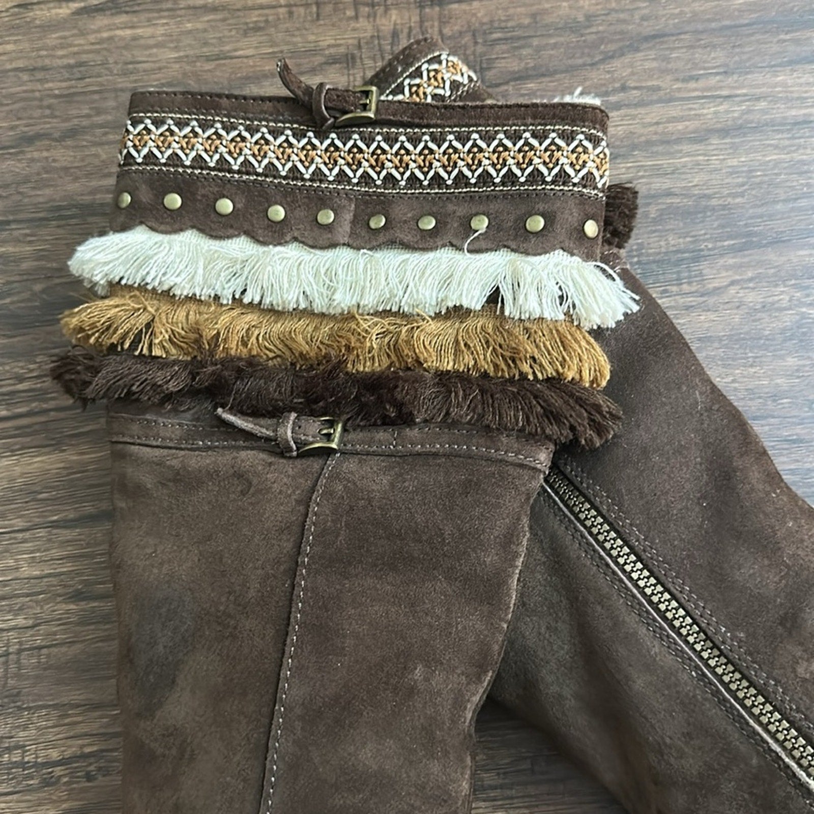 UGG Kiera Suede Sheepskin Tan Bohemian Fringe Studded Embroidered Boots - RARE