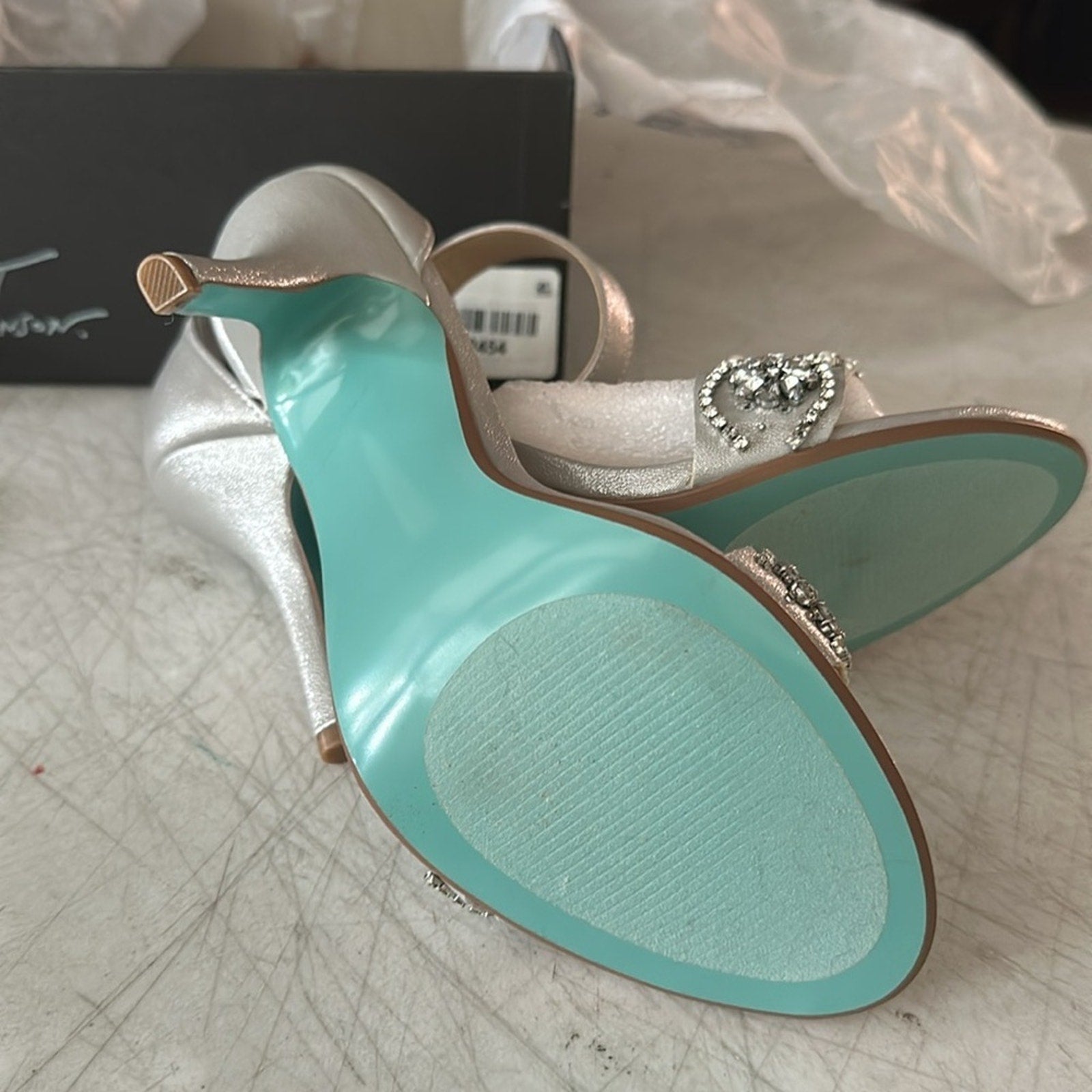 NEW Betsey Johnson Gina Jeweled Ankle Strap Dress Sandals Silver Satin Stiletto - 7.5
