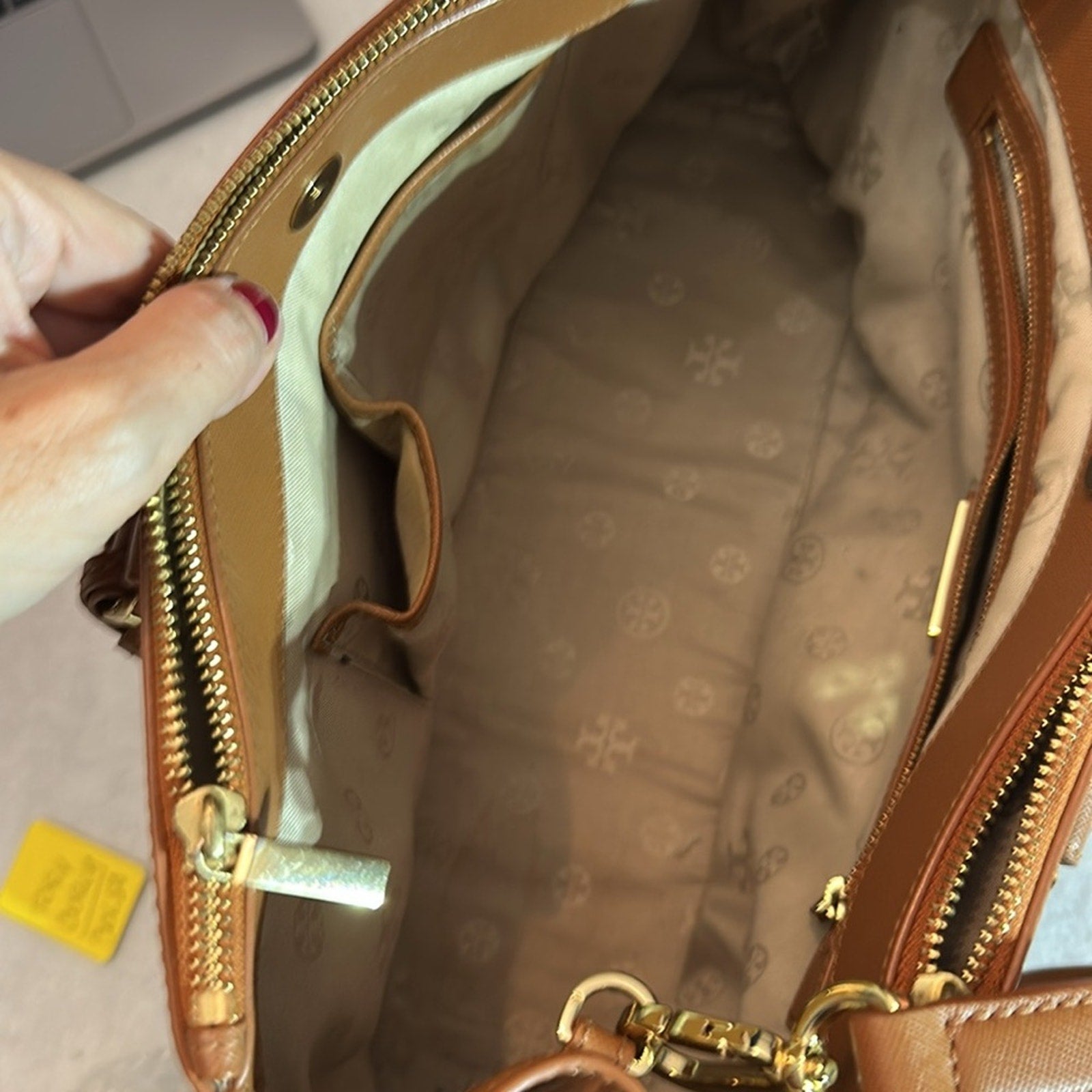 Tory Burch Saffiano Leather Top Handle Bag in caramel