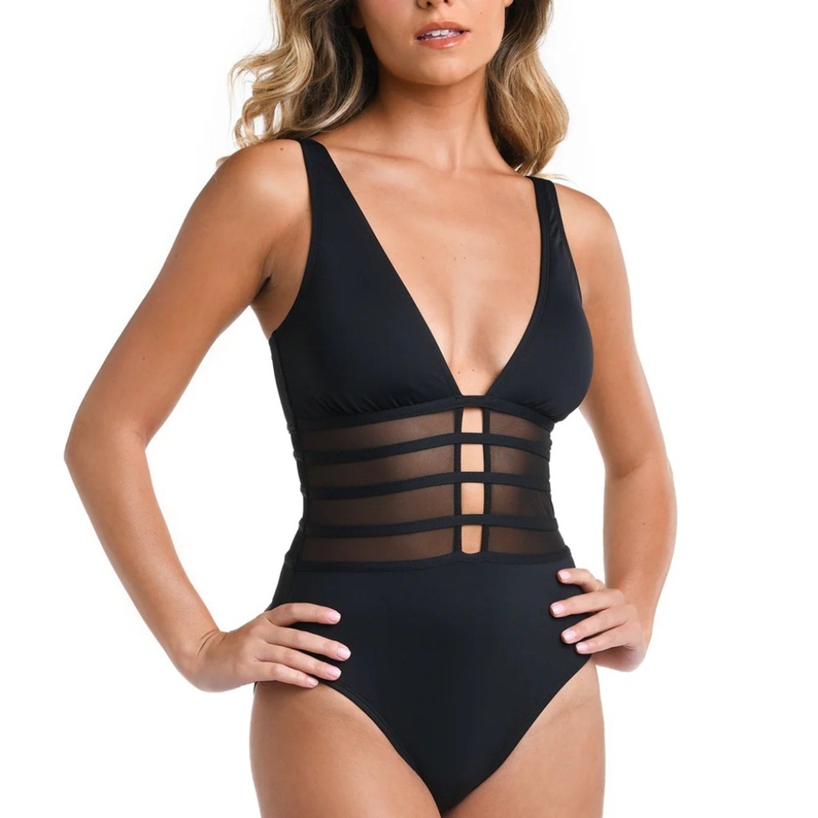 NEW La Blanca Island Goddess Over the Shoulder Mesh One Piece - Black - size 12
